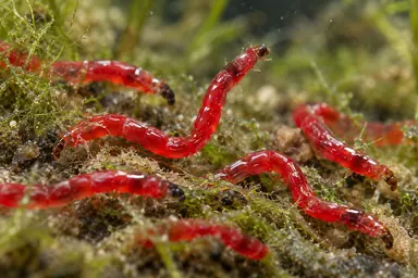 Lebende rote Mückenlarven im Wasser