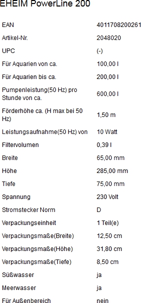 Beschreibung Eheim Powerline 200 Innenfilter