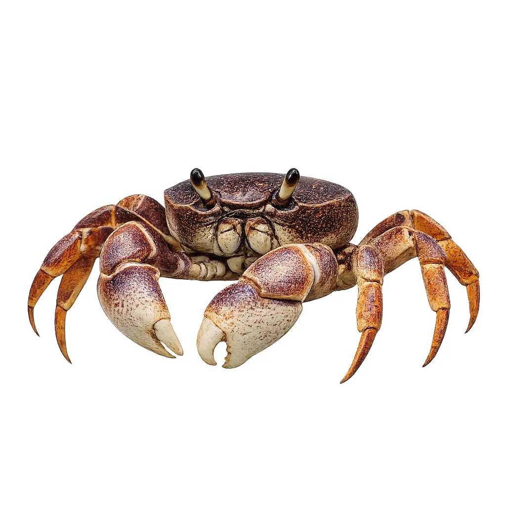 Realistische Krabben-Figur aus Harz in braun-beigen Farbtönen, Blick von vorne auf Scheren und Augen, freigestellt auf weißem Hintergrund