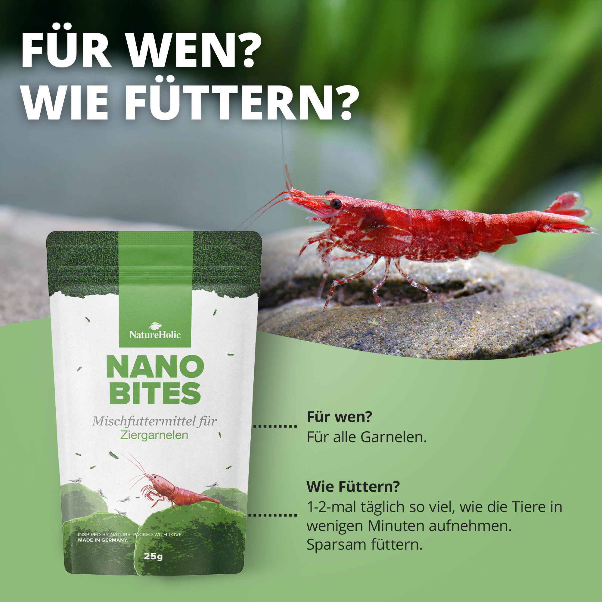 Packung Nano Bites Garnelenfutter neben roter Garnele