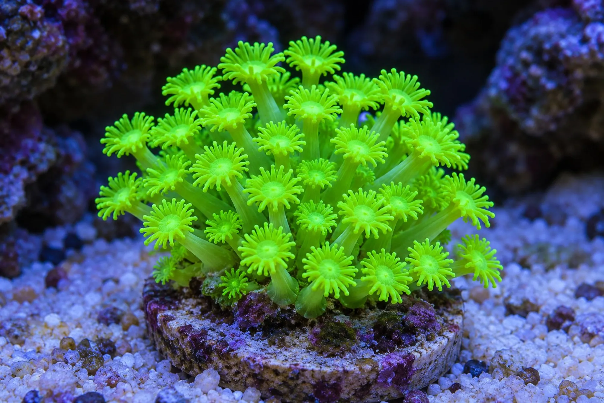Margeritenkoralle „Neongrün“ (Nachzucht), Goniopora spec., Größe S–M