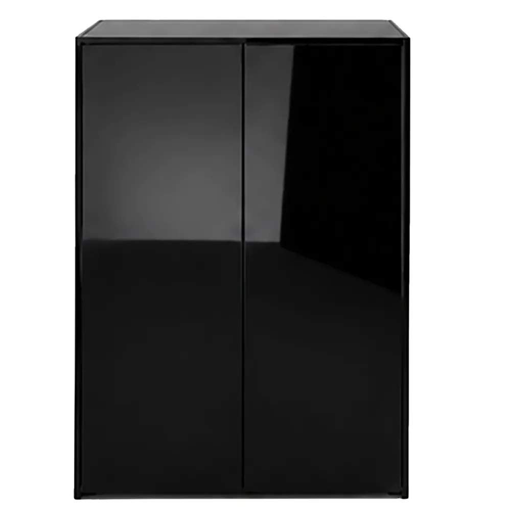 Schwarzer 2-türiger Hochglanz-Schrank mit glatter, spiegelnder Front und minimalistischem Design, kompakter Aufbewahrungsschrank für Flur, Wohn- oder Schlafzimmer