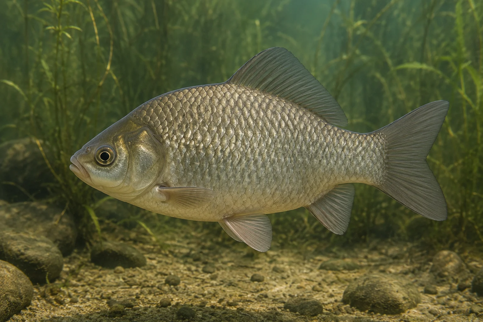 Silbriger Giebel (Carassius gibelio), 12–15 cm, schwimmend über kiesigem Bodengrund zwischen Uferpflanzen – robuste Silberkarausche für naturnahe Teiche