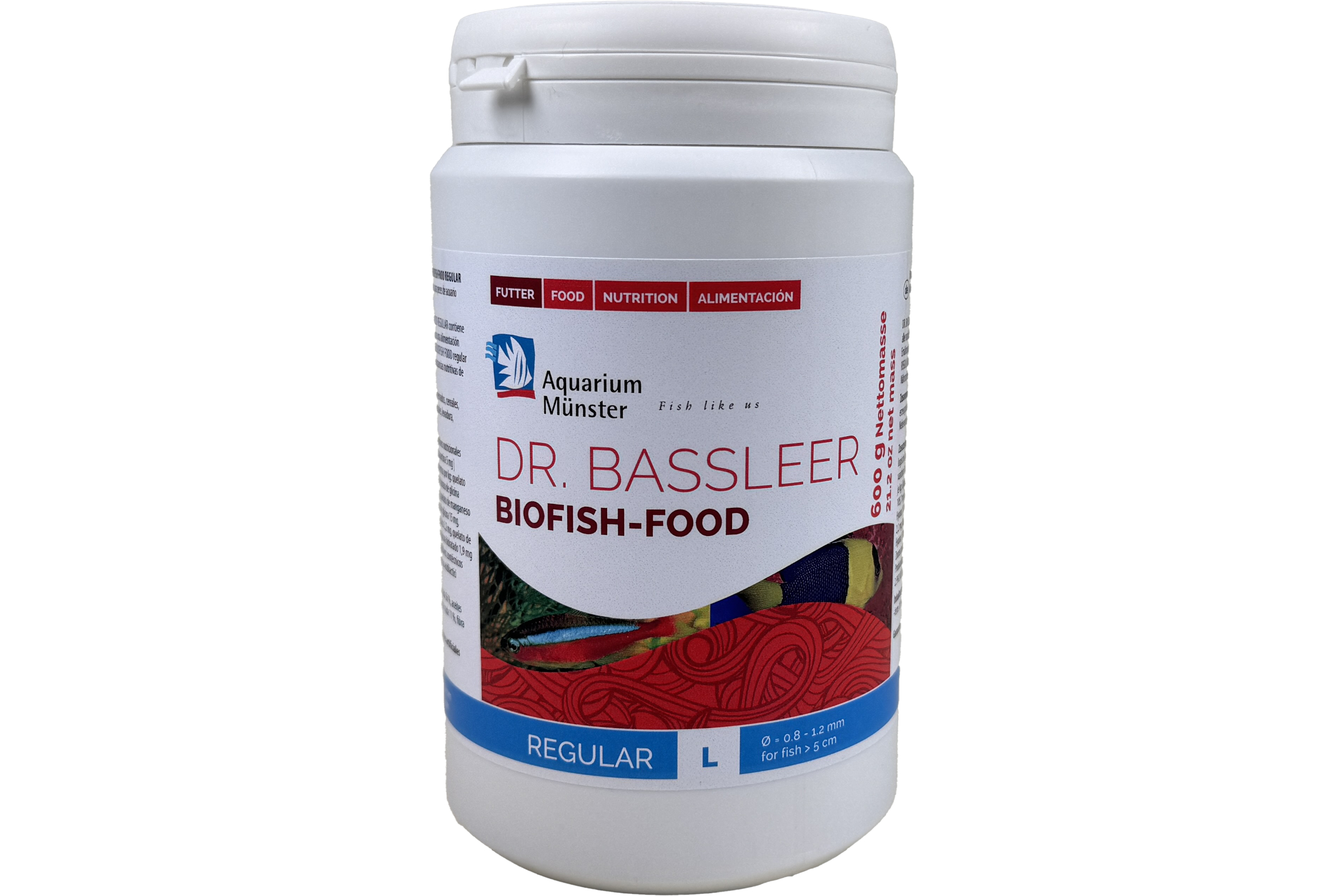 Dose mit Aquariumfutter Dr. Bassleer Biofish-Food 600 g