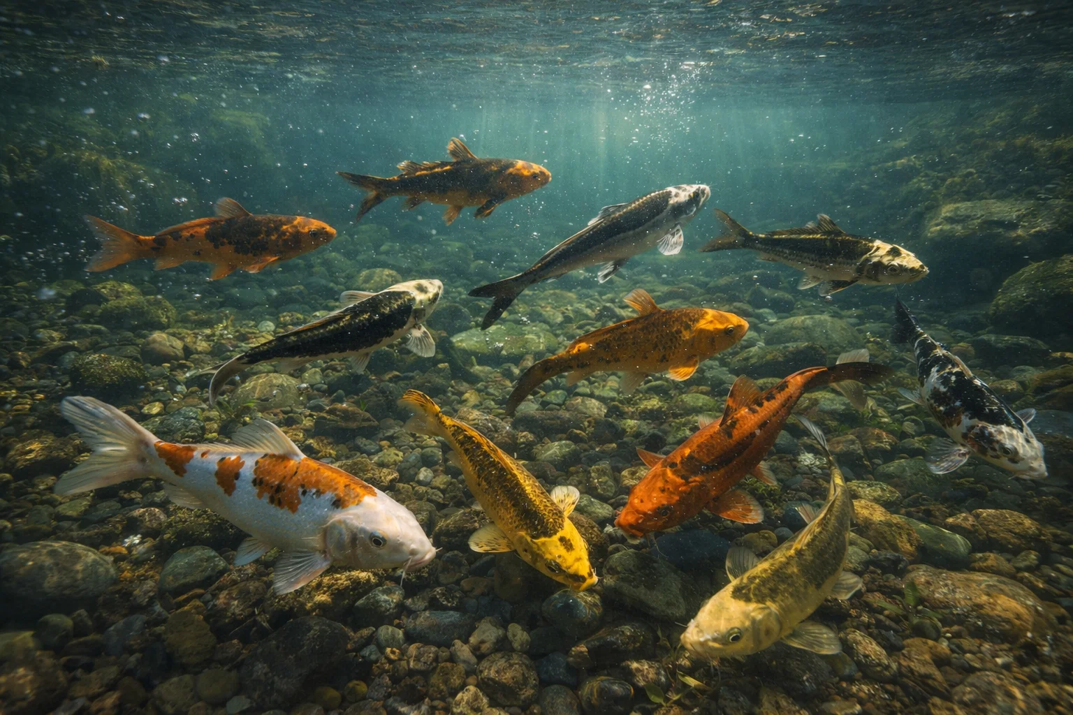 Unterwasseraufnahme mehrerer bunter Koi-Karpfen, die über einem kiesigen Teichboden schwimmen; Sonnenlicht durchbricht die Wasseroberfläche
