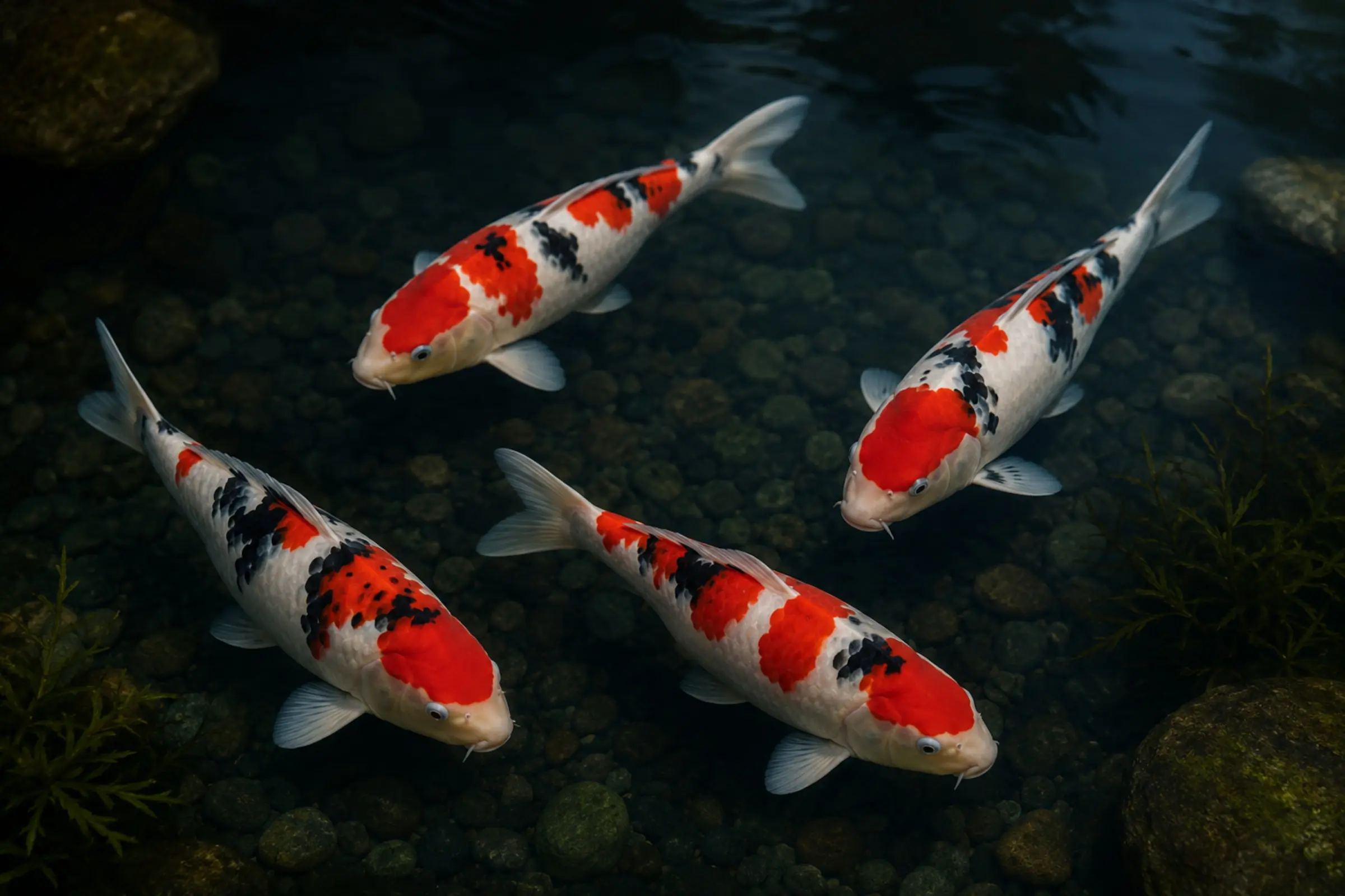 Mehrere Koi Sanke (Cyprinus carpio) im Teich: weiße Basis mit kräftigen roten Flächen und schwarzen Akzenten, klassischer rot-weiß-schwarzer Nishikigoi als markanter Blickfang