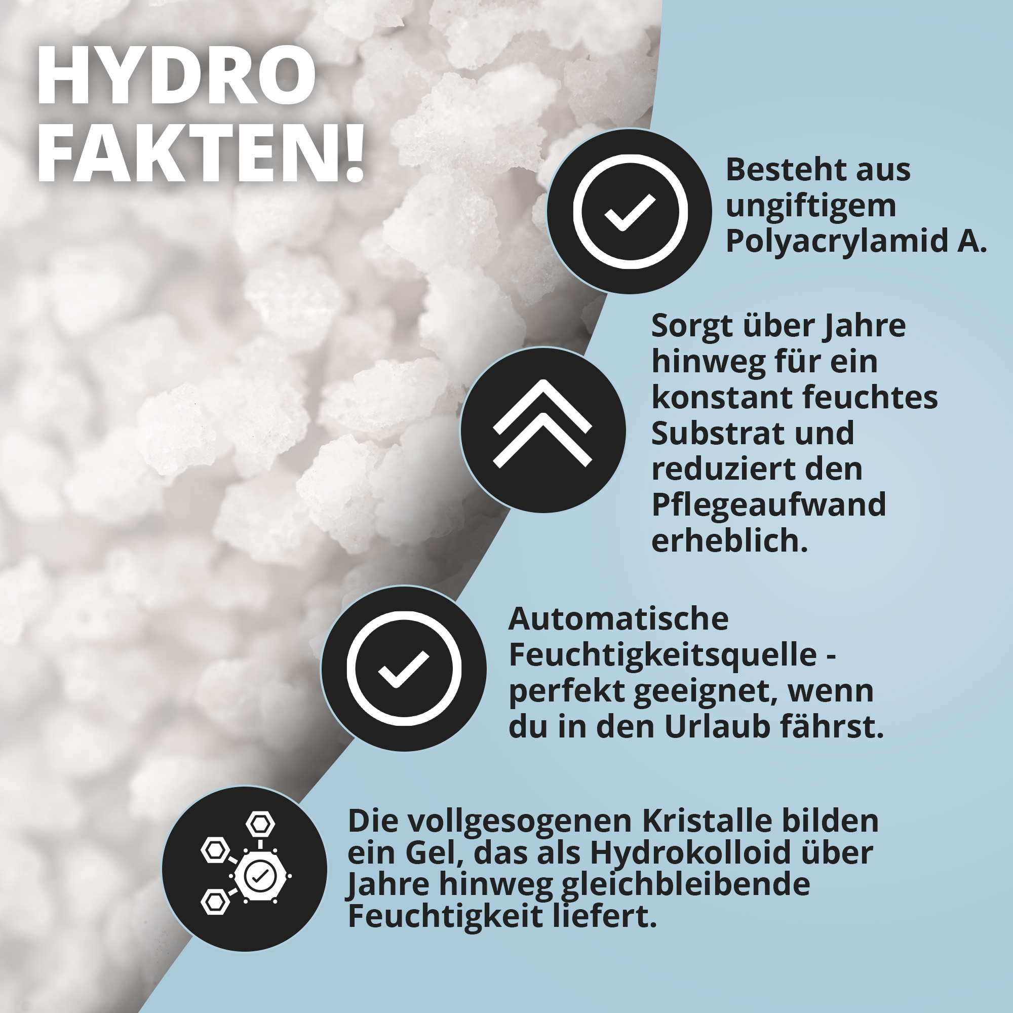 Nahaufnahme weißer Hydro-Kristalle mit Infosymbolen