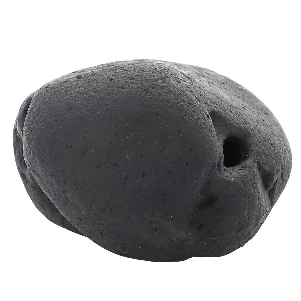Großer runder schwarzer Klettergriff (Sloper) in Lava-Optik mit sichtbarem Schraubenloch – ideal für Boulder- und Kletterwände