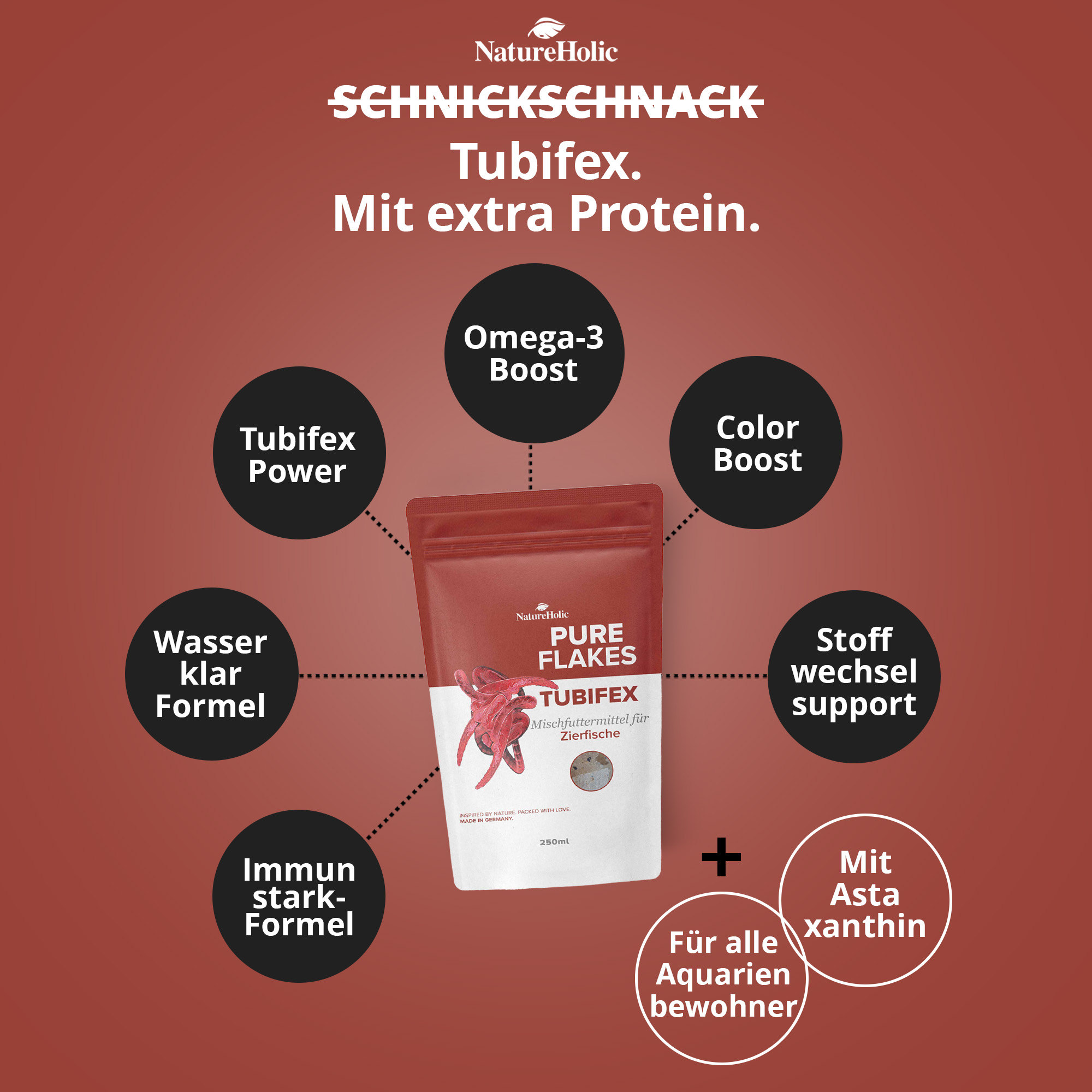 NatureHolic Pure Flakes Tubifex 250 ml Beutel, proteinreiches Flockenfutter mit Tubifex, Omega-3 Boost, Color Boost, immunstarke Formel und wasserklare Rezeptur – für Zierfische und Wirbellose