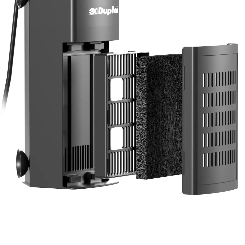 Dupla Ersatz-Filtermatte für Clean Flow Filter 80: schwarzes Filterpad neben geöffnetem Innenfilter, passgenaues Original-Ersatzteil (Art.-Nr. 79600) für stabile Durchflussmenge und klares Aquarienwasser