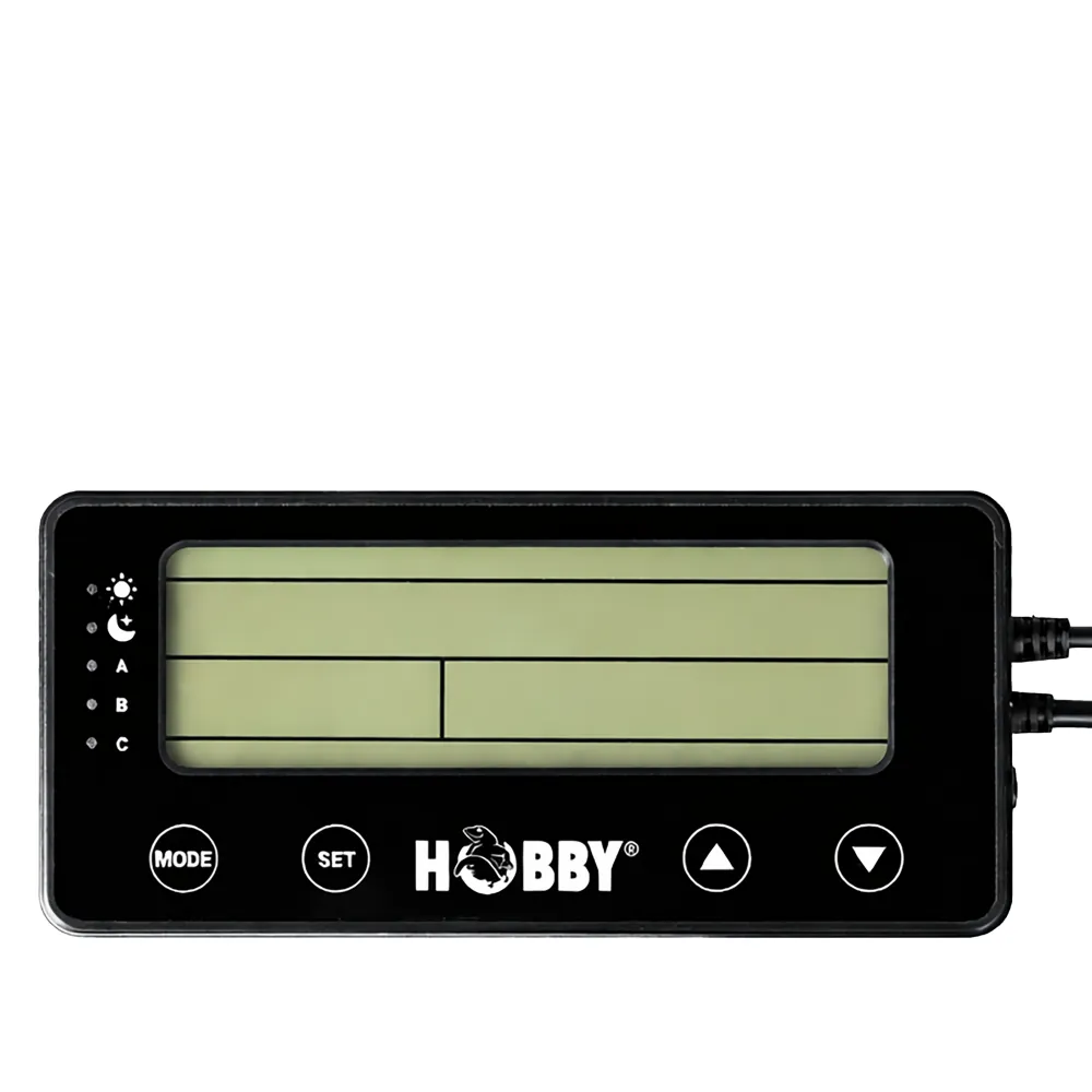 Hobby Biotherm Easy Control Klimacontroller für Terrarien, schwarzes Gerät mit großem LCD-Display, Mode/Set- und Pfeiltasten sowie seitlichen Anschlüssen – steuert Temperatur, Luftfeuchte und Licht