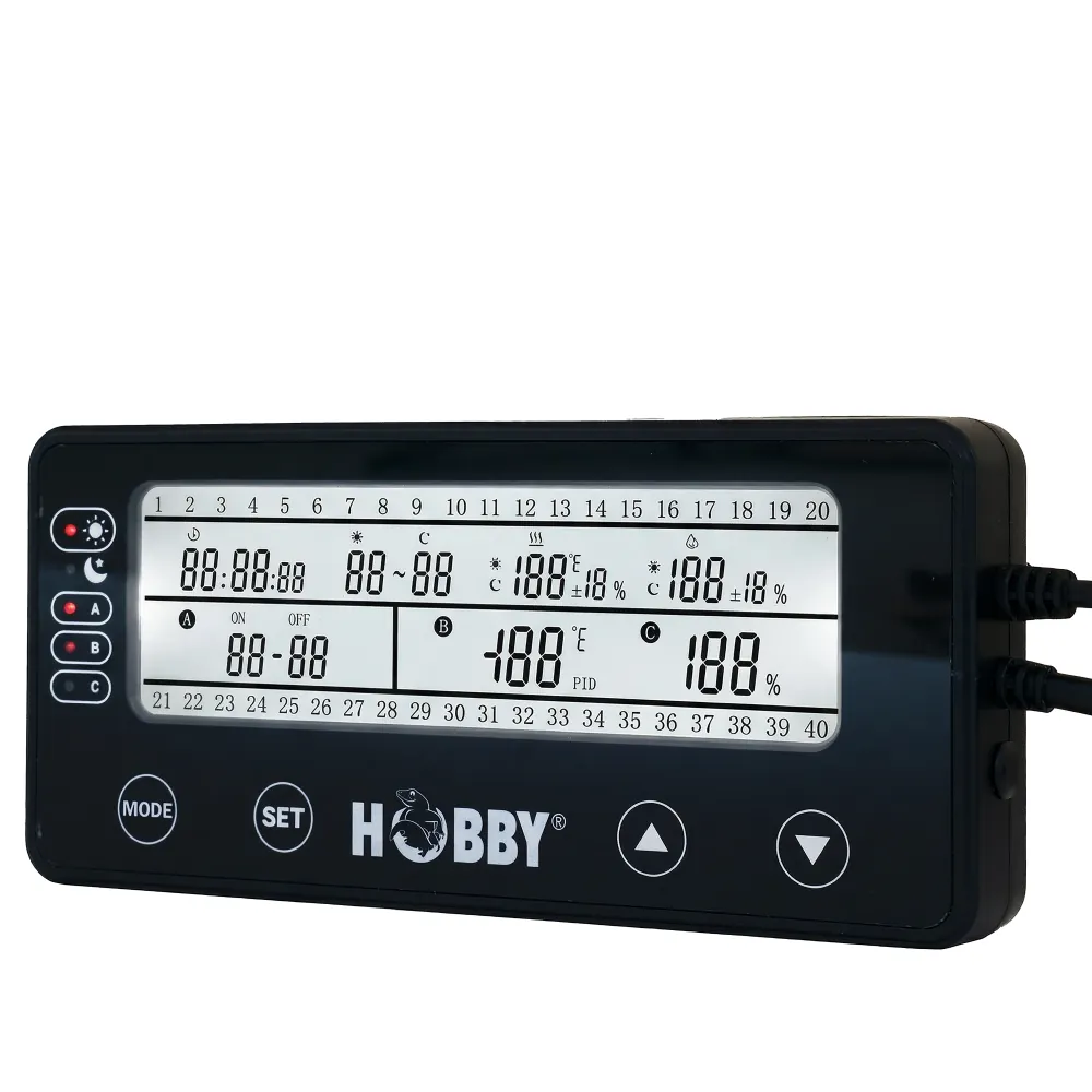 Schwarzes Hobby LCD-Bediengerät zur Temperatur- und Luftfeuchtesteuerung mit Timer-Anzeige, Mode/Set-/Pfeiltasten und zwei seitlichen Anschlüssen