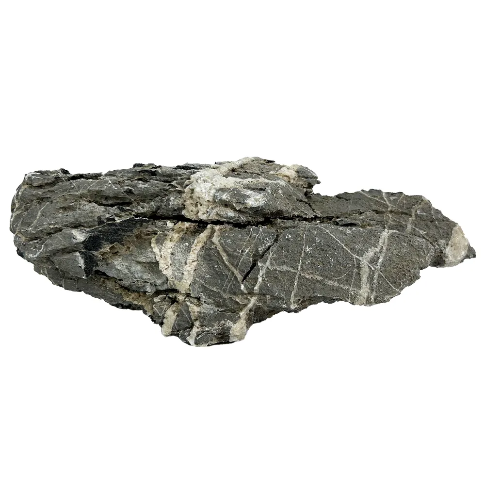 Flache dunkle Natursteinplatte mit markanten weißen Quarzadern und rauer Struktur, dekoratives Deko- oder Terrarium-/Aquarium-Element