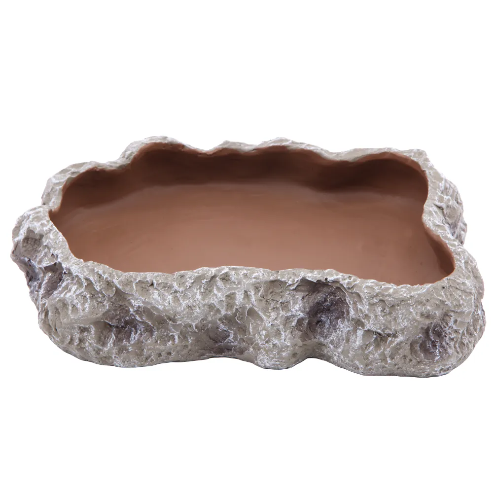 Flacher Wassernapf in realistischer Felsoptik für Reptilien und Terrarien, braun-beige Innenfläche und unregelmäßige Steinränder