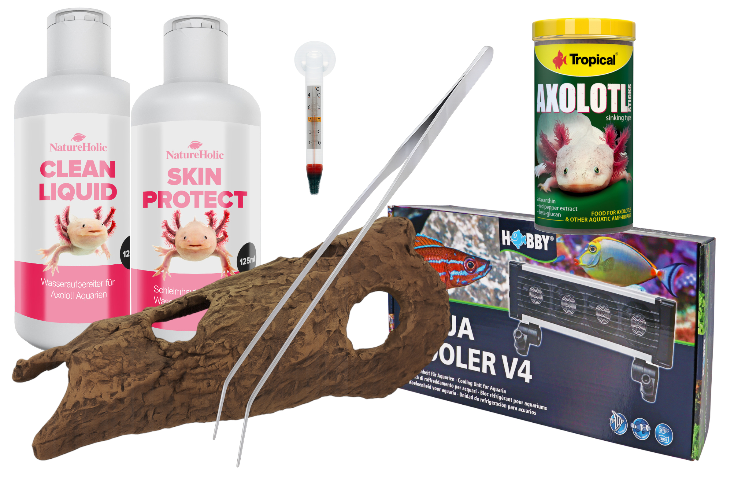 Axolotl Zubehör: Pflegeflaschen, Futter, Thermometer, Dekor