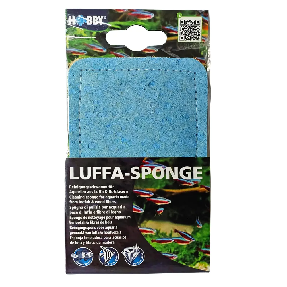 Verpackter blauer Hobby Luffa-Sponge Reinigungsschwamm für Aquarien mit Etikett: zwei Seiten (weiche Luffa und kräftige Holzfasern) für Süß- und Meerwasser, kratzt nicht
