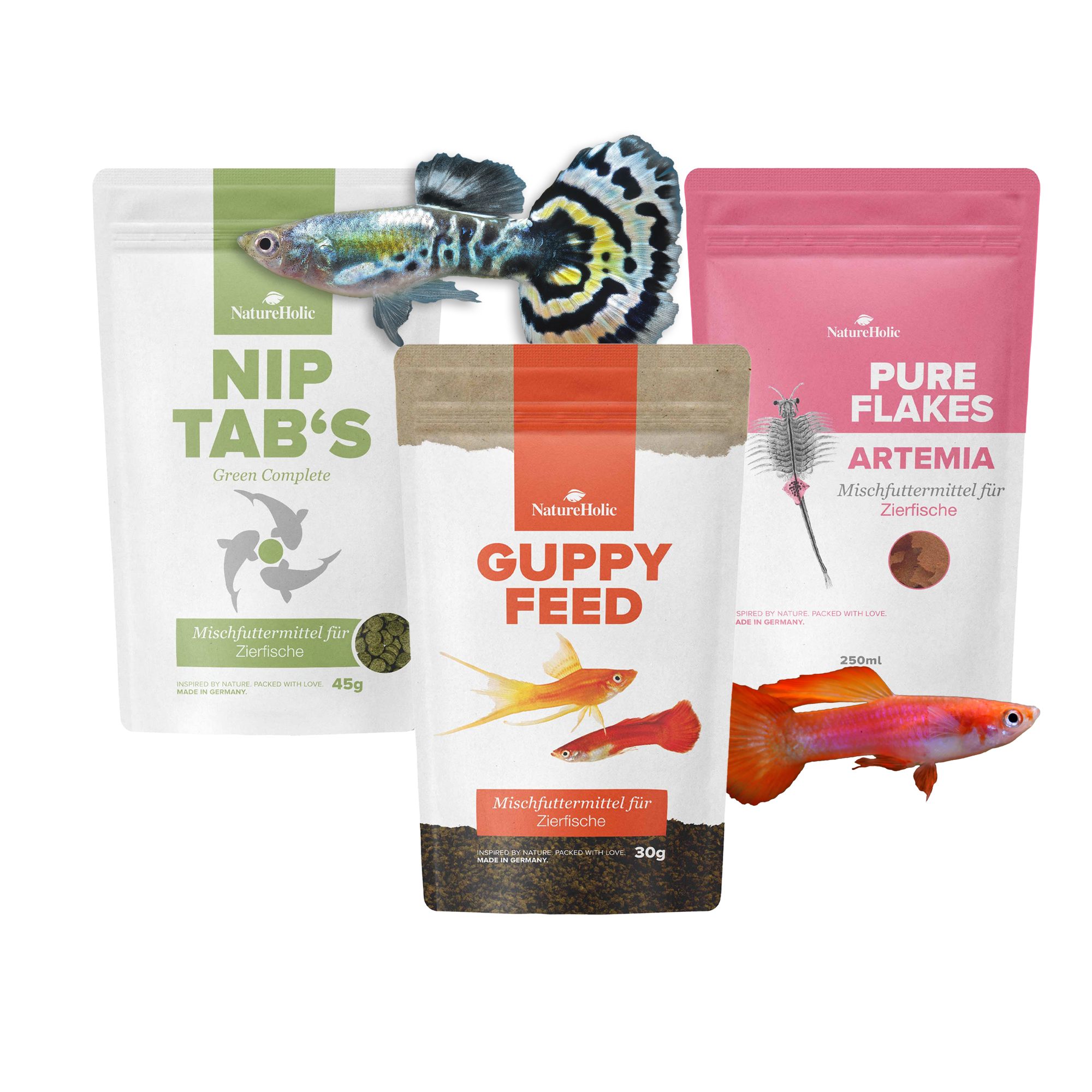 Produktbild: Guppy-Futter, Artemia-Flocken und NIP-Tabs