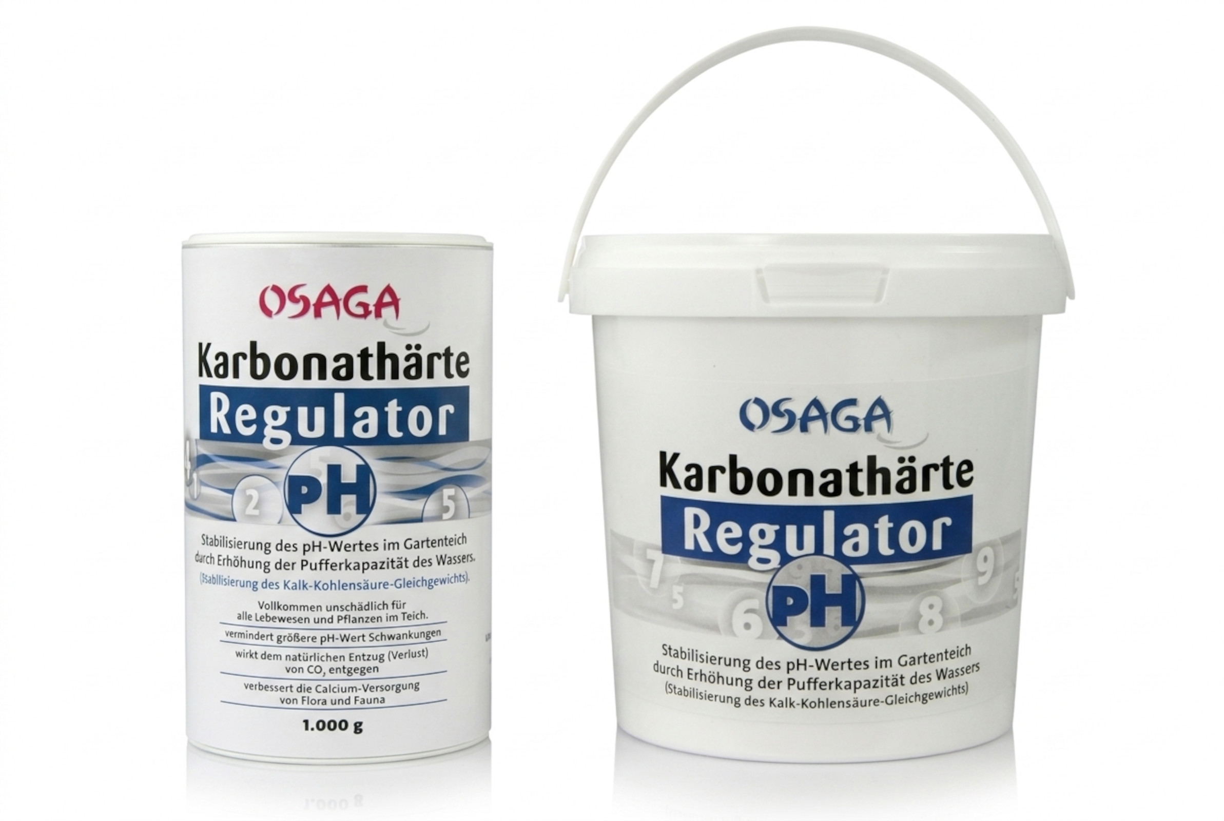 OSAGA Karbonathärte Regulator pH Stabilisator für Gartenteich, weiße Dose 1000 g und weißer Eimer mit blauem Label