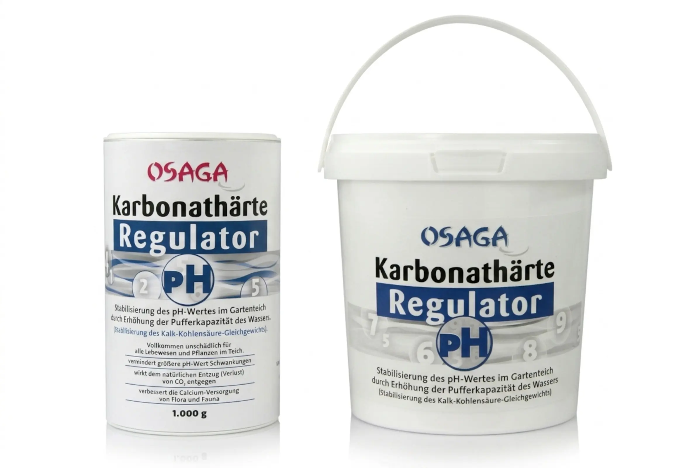 OSAGA Karbonathärte Regulator pH Stabilisator für Gartenteich, weiße Dose 1000 g und weißer Eimer mit blauem Label