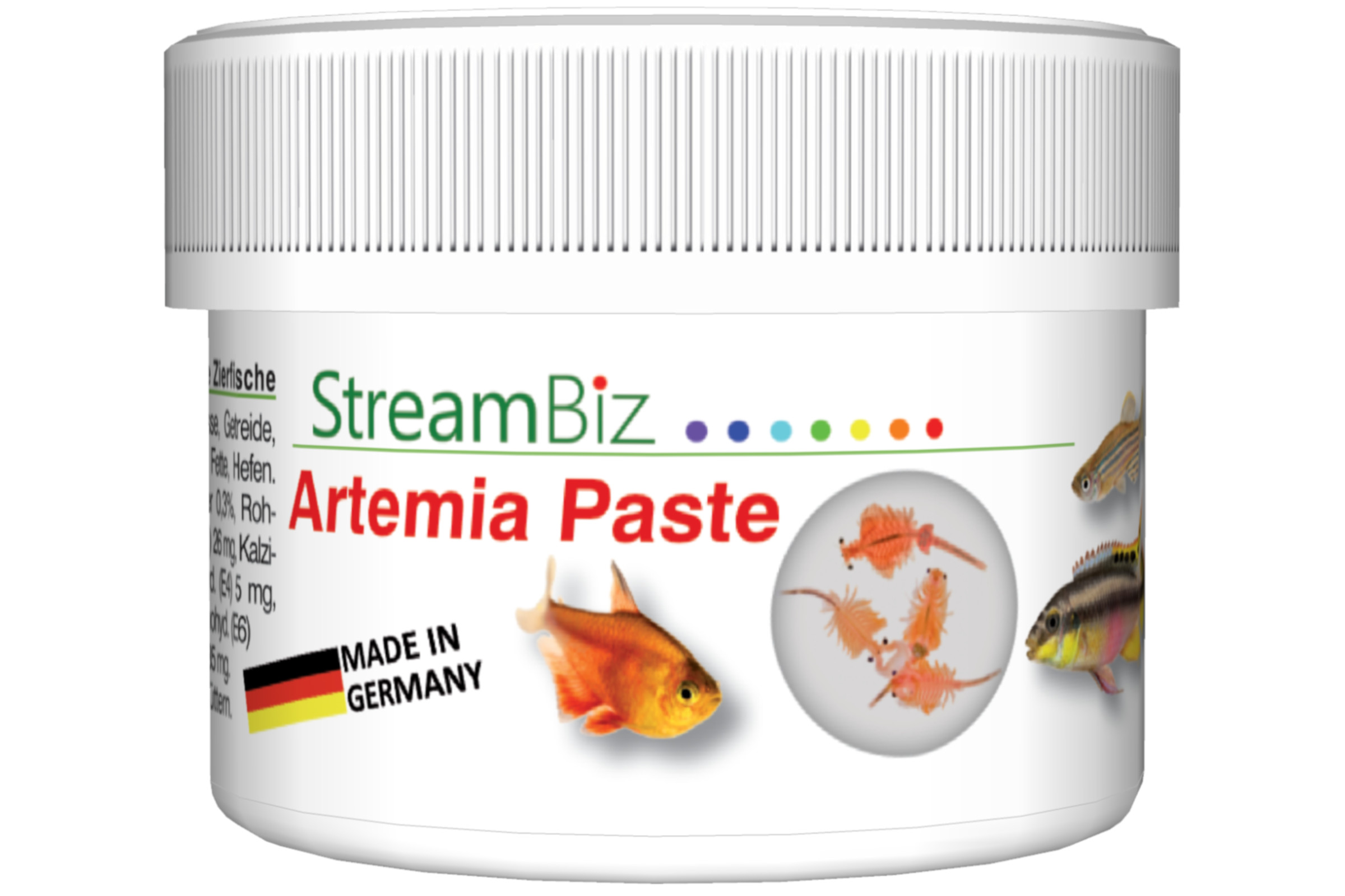 StreamBiz Artemia Paste Dose mit Fischmotiven und ‚Made in Germany‘-Logo; Artemia salina Proteinpaste zur Förderung von Wachstum und Farbenpracht bei Zierfischen, erhältlich in zwei Größen