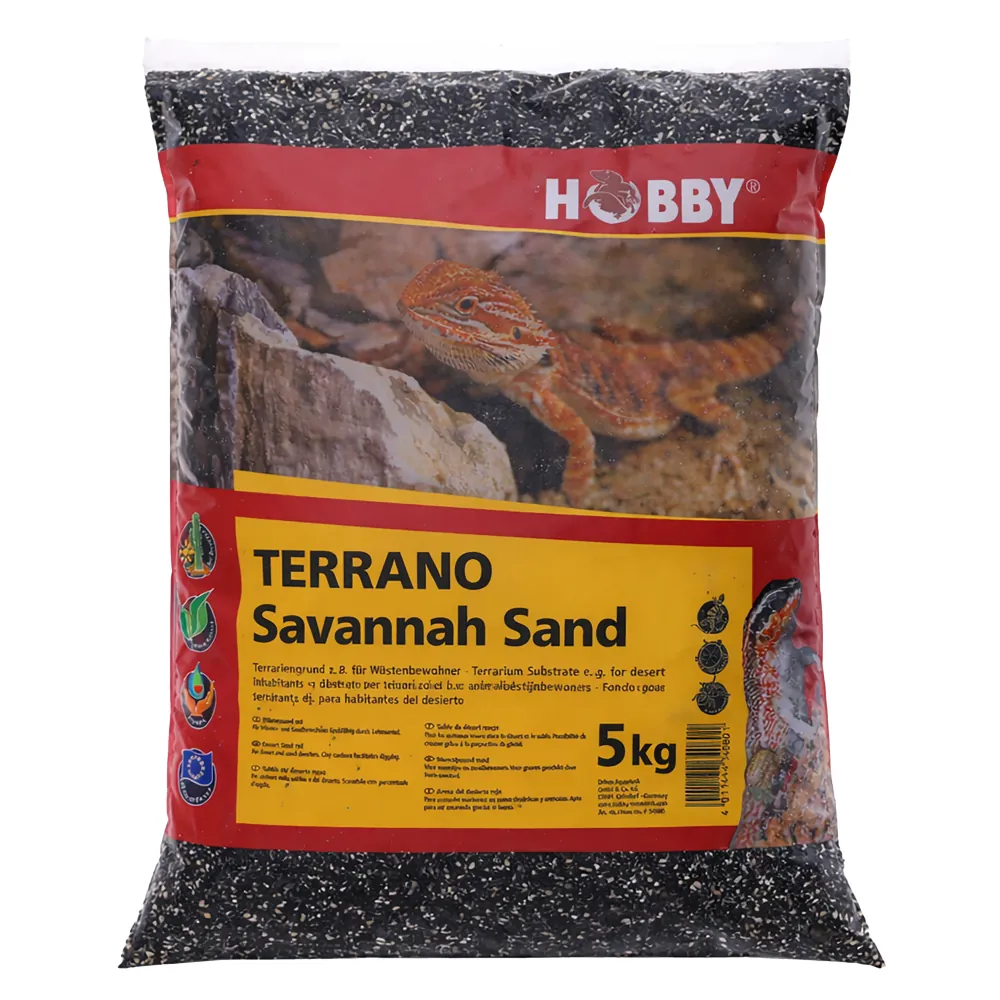 Packung Hobby Terrano Savannah Sand 5 kg: Terrariensand im Beutel mit Reptilien-Motiv, Produktname und Verpackungsdesign sichtbar