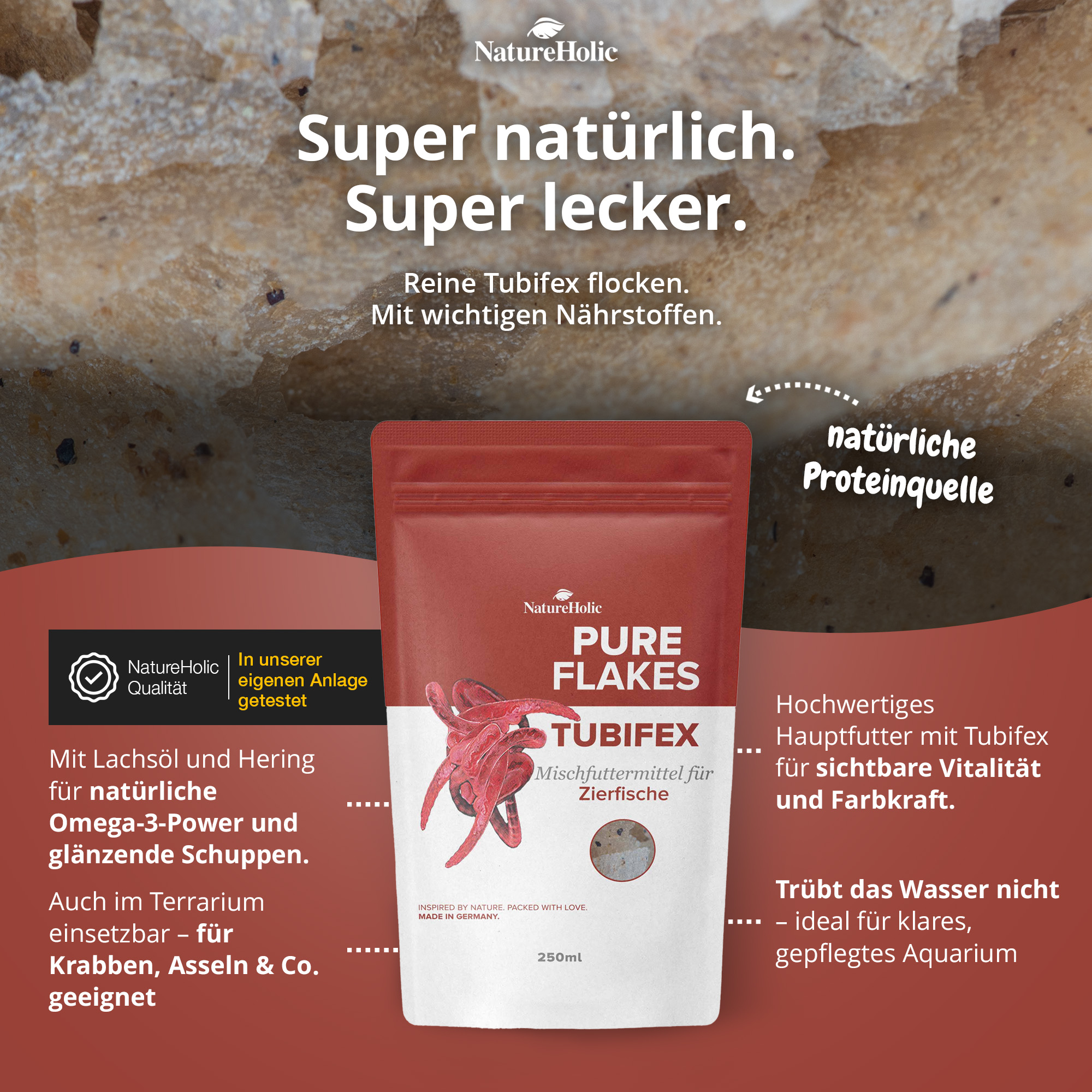 Packung NatureHolic Pure Flakes Tubifex 250 ml, proteinreiches Flockenfutter mit Tubifex, Lachsöl und Heringsmehl für Zierfische, Krabben und Wirbellose; fördert Farbe, Wachstum und klares Wasser