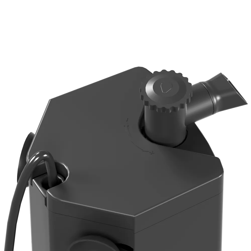 Schwarze kompakte elektrische Luftpumpe, Detailaufnahme: drehbares Regelrad, gebogener Auslassaufsatz und Kabelanschluss oben