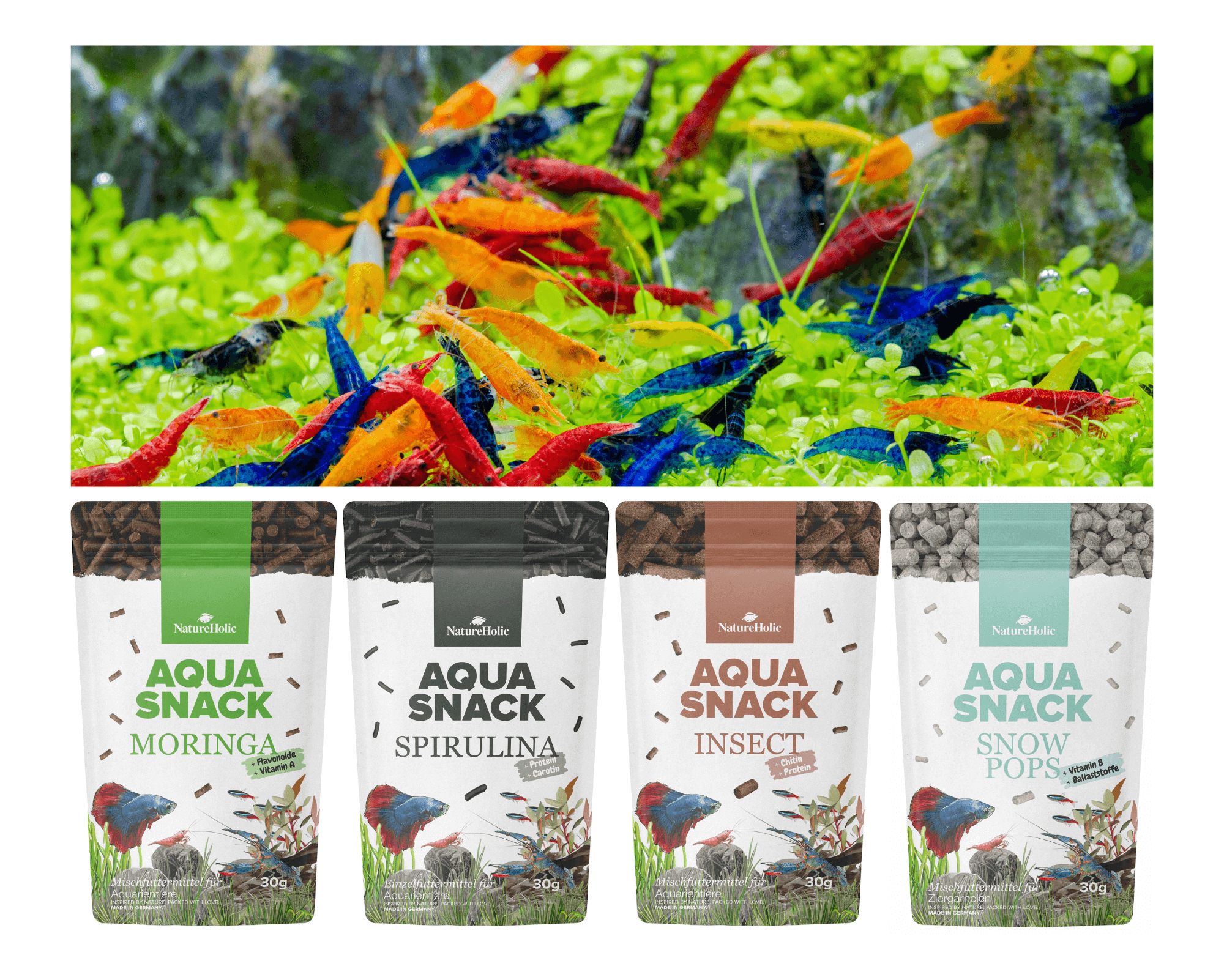 NatureHolic Snackbundle für Zwerggarnelen, Spirulina, Moringa, Insect & Snow Pops, 4 x 30 g