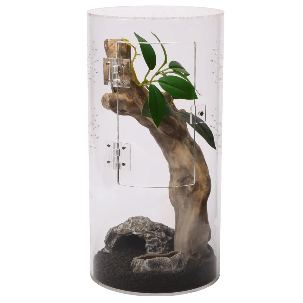 Rundes transparentes Terrarium mit integriertem Holzstamm, künstlicher Pflanze, Höhlenversteck, Bodengrund und klappbarer Acryltür mit Scharnier