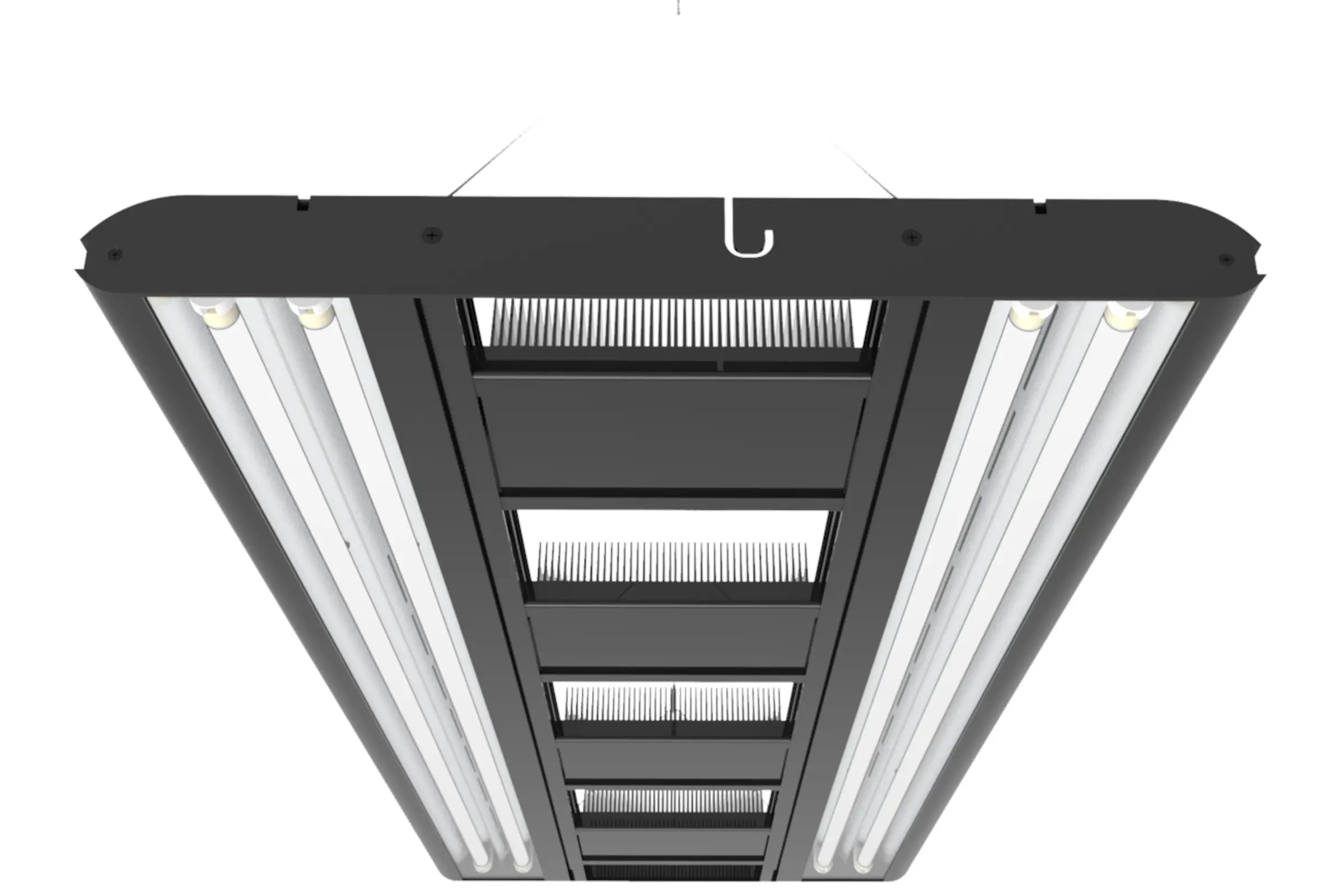 Unteransicht einer schwarzen LED-Hallenleuchte mit Röhren