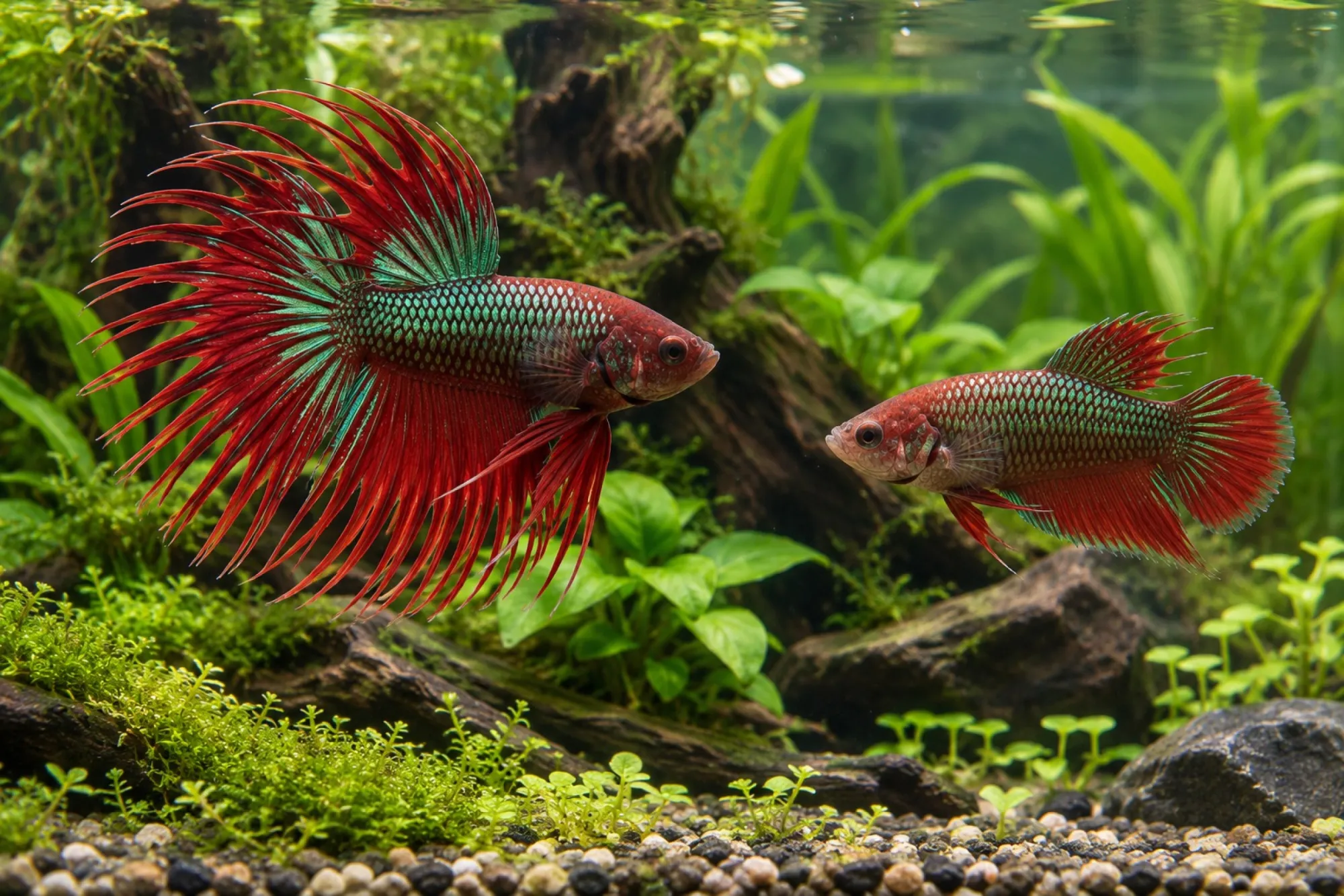 Rot-grünes Crowntail-Dragon-Kampffisch-Paar, Betta splendens