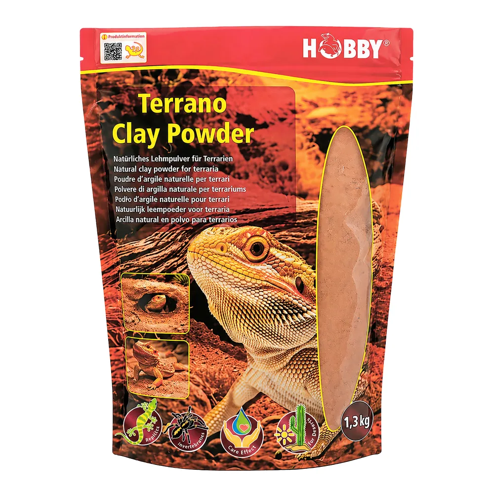 Packung Hobby Terrano Clay Powder 1,3 kg, rotes Design mit Bartagame auf Vorderseite, Sichtfenster zeigt feines Lehmpulver für Terrarien