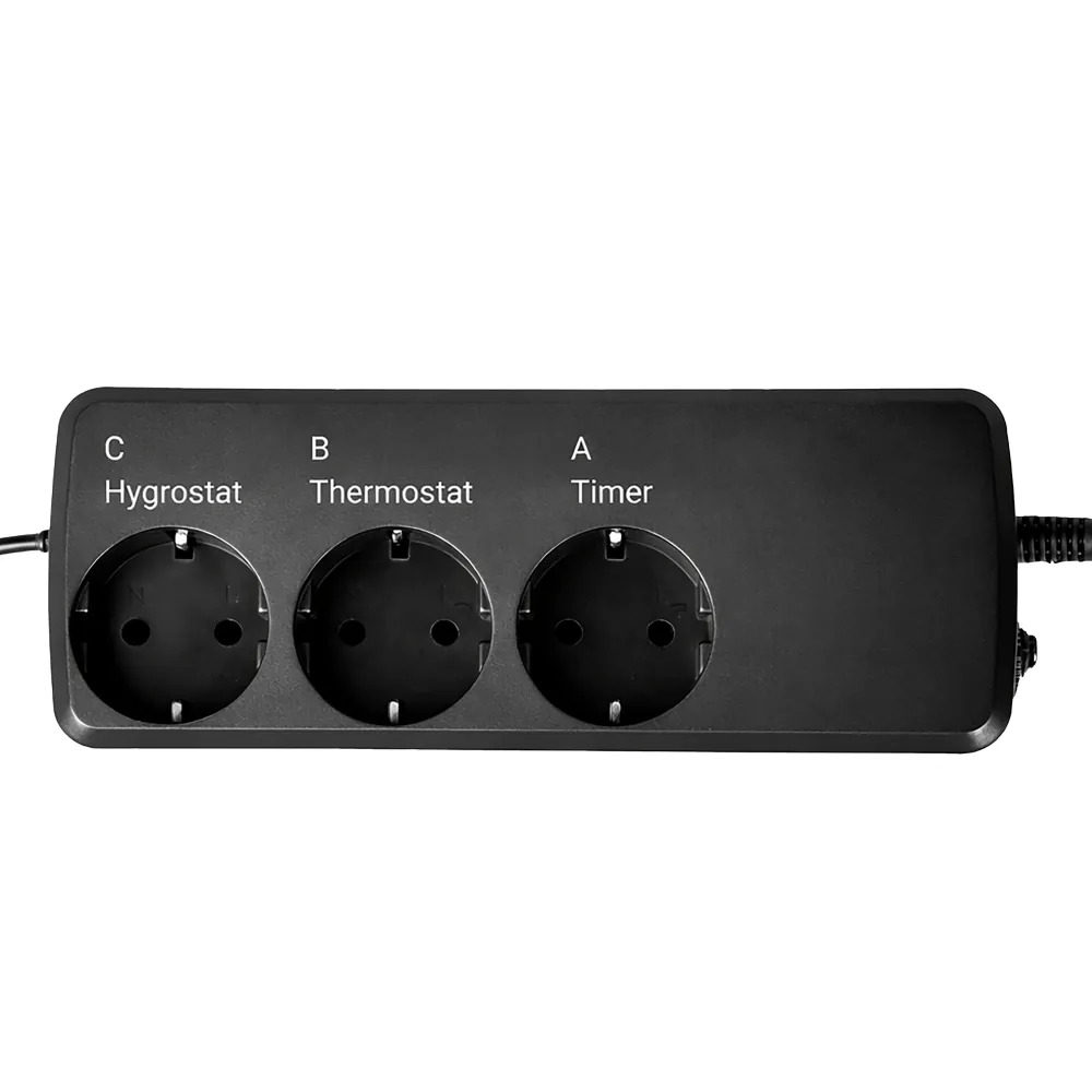 Hobby Biotherm Easy Control Klima-Controller, schwarze Steckdosenleiste mit drei Anschlüssen beschriftet: C Hygrostat, B Thermostat, A Timer – steuert Temperatur, Luftfeuchte und Licht im Terrarium