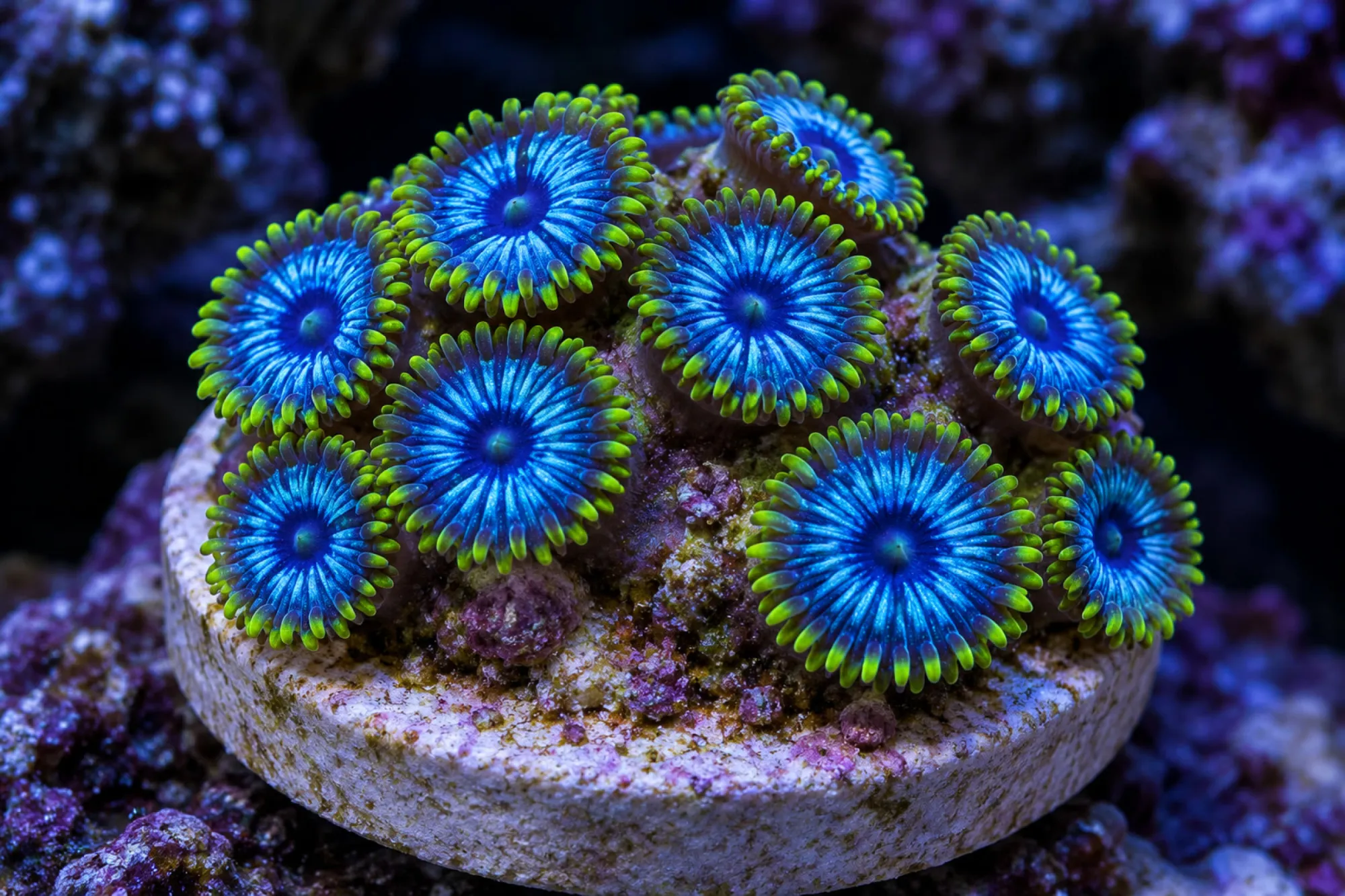 Krustenanemone „Blue Pinwheels“ (Nachzucht), Zoanthus spec., ca. 10 Polypen