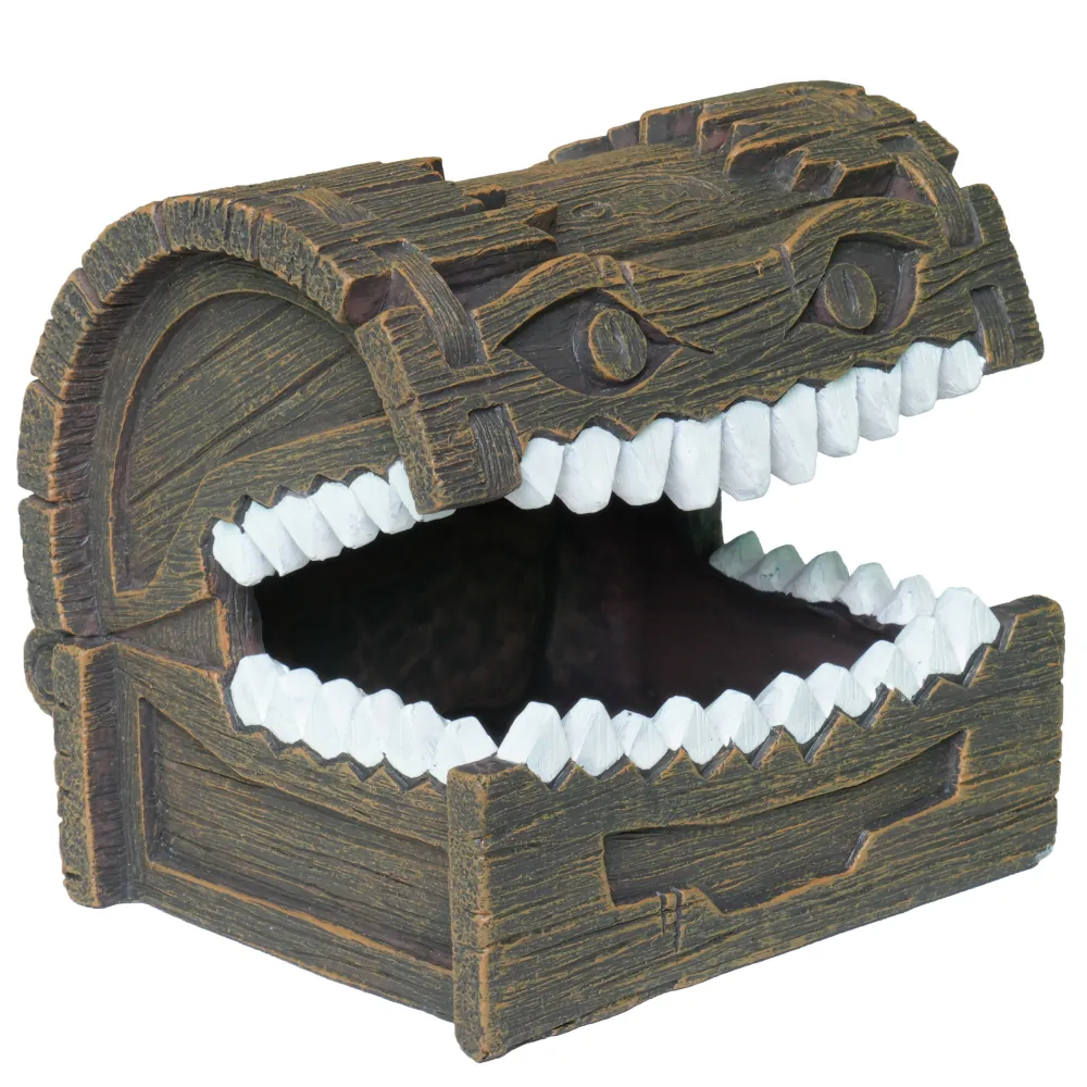 Braune Holzoptik-Schatzkiste in Form eines aufgerissenen Monster-Mauls mit markanten weißen Zähnen, offen, Fantasy- und Aquarium-Dekoration