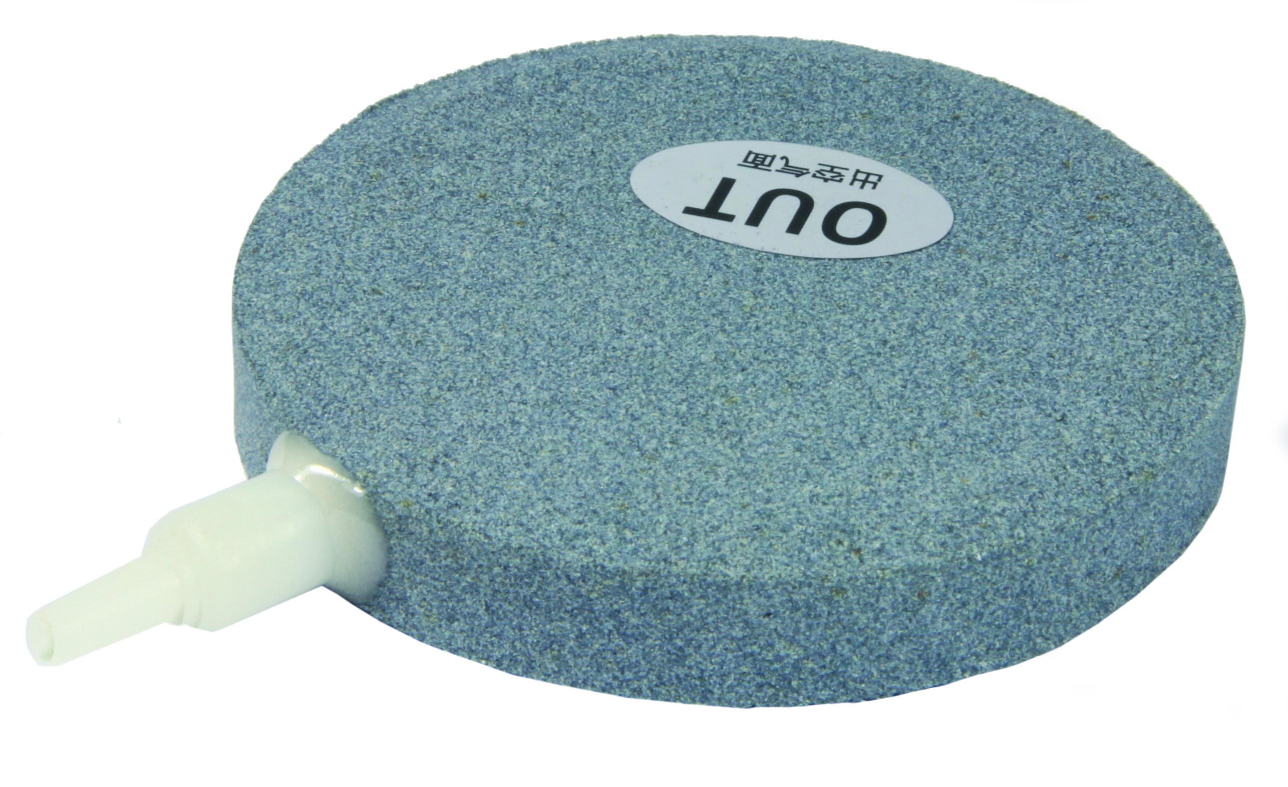 Runder blauer Luftstein-Diffusor mit weißem Schlauchanschluss und 'OUT'-Aufkleber, Detailansicht