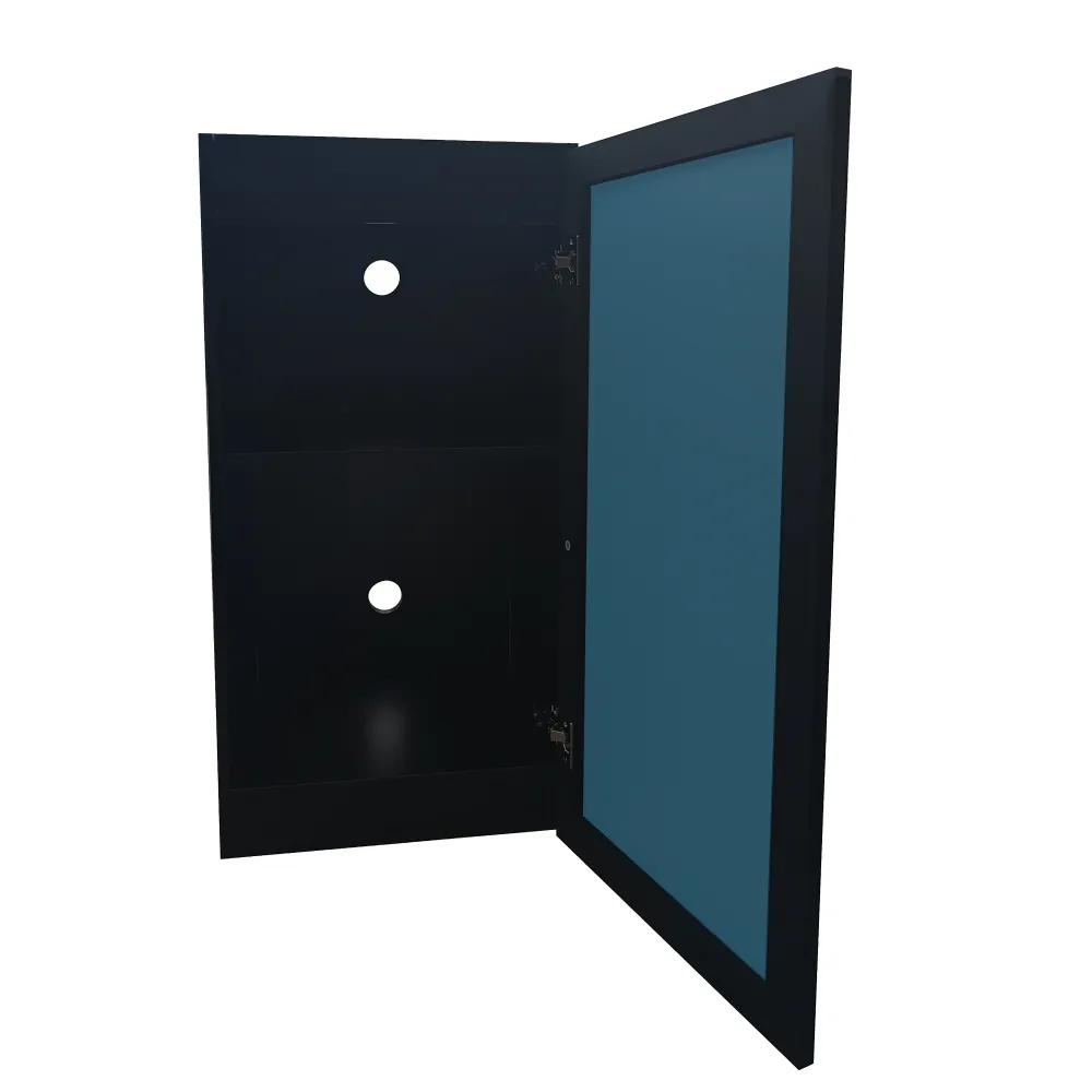 Dupla Marin Cube Stand 80 black, Aquarium-Unterschrank aus FSC®-Holz (45 × 45 × 90 cm) mit schwarzer Glasfronttür, offen gezeigt; Innenfach mit zwei Kabeldurchführungen, belastbar bis 150 kg