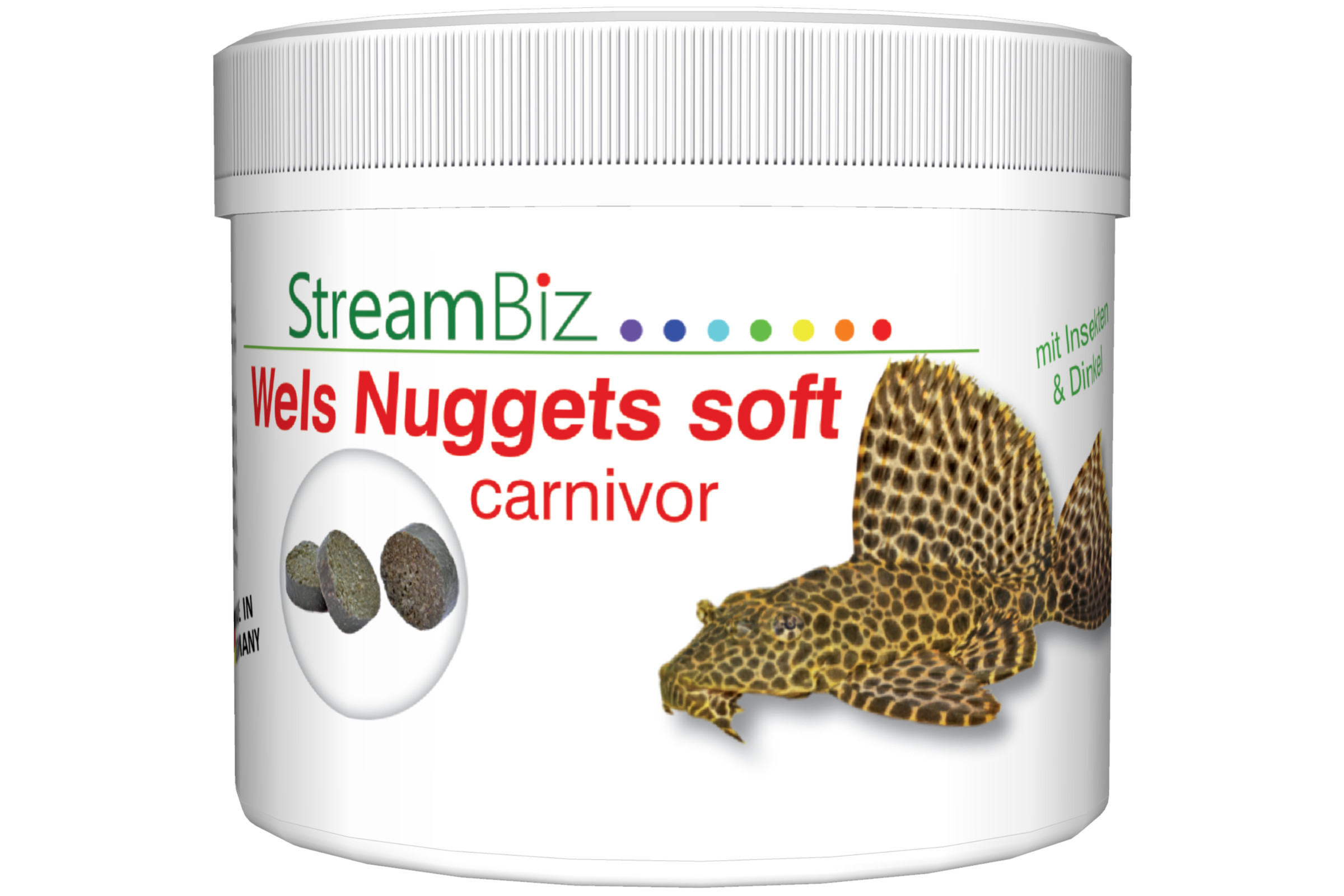 Dose StreamBiz Wels Nuggets soft Carnivor mit Logo und Label, Abbildung eines Pleco/L‑Welses und drei weichen Nugget-Futtertabletten; proteinreiches Carnivor-Futter für fleischfressende Bodenwelse, erhältlich in 2 Größen