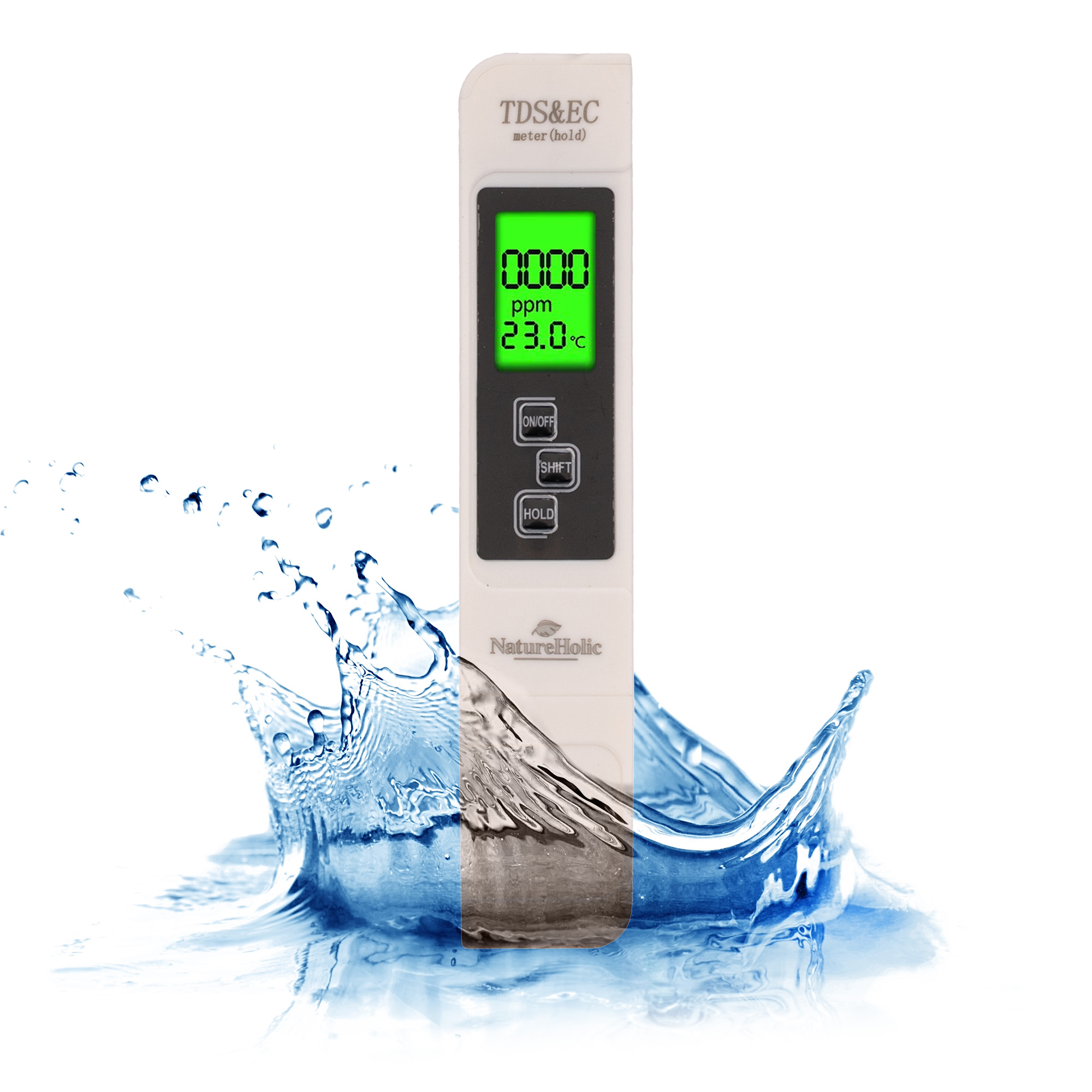 TDS/EC Messgerät im Wasser mit grünem Display