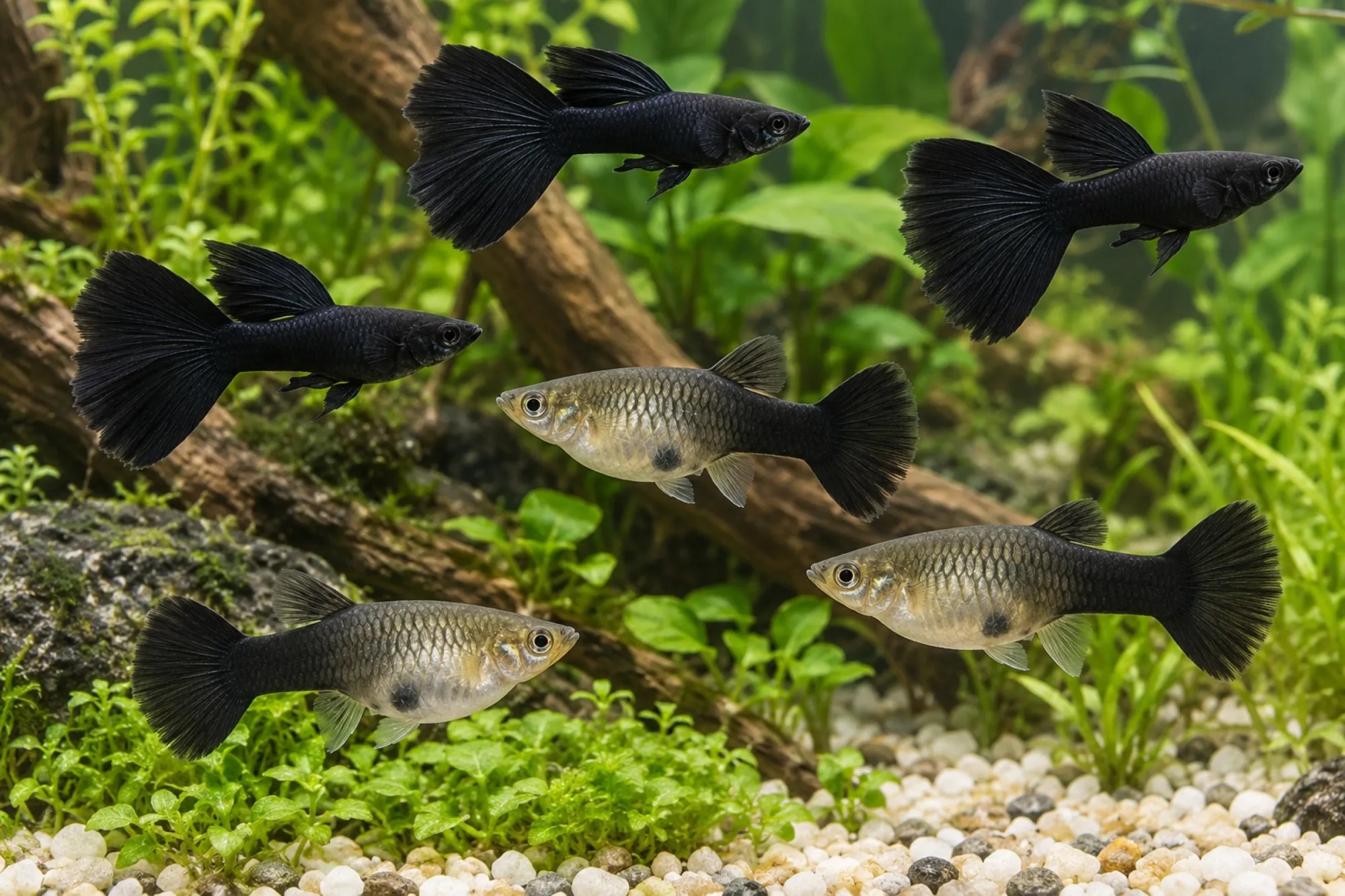 Guppy „Full Black“, Set 5 Männchen + 5 Weibchen, Poecilia reticulata