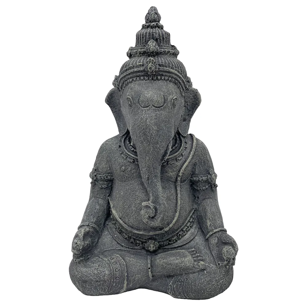 Sitzende Ganesha-Statue aus grauem Stein im Lotussitz, detailreich verzierte Hindu-Elefanten-Figur als Deko für Garten, Terrasse oder Wohnraum