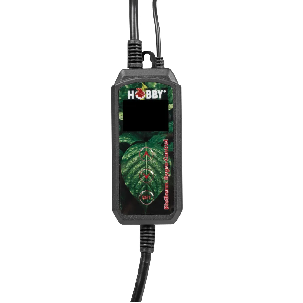 Schwarzer Hobby Biotherm Hygro-Control Feuchtigkeitsregler für Pflanzen mit LCD-Display, Auf-/Ab-Pfeiltasten, SET-Taste und Anschlusskabel, Vorderansicht