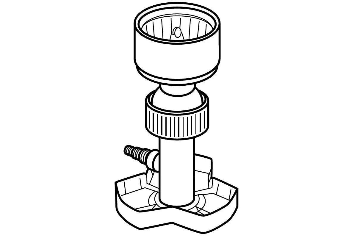 Schwarz-weiß-Illustration eines verstellbaren Brausekopfs mit Drehmutter und Schlauchanschluss, isometrische technische Darstellung