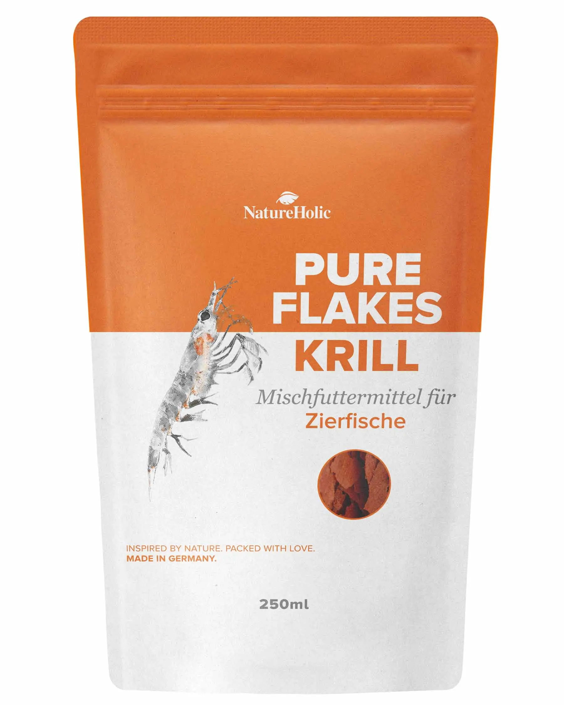 Beutel mit Pure Flakes Krill Fischfutter, 250ml