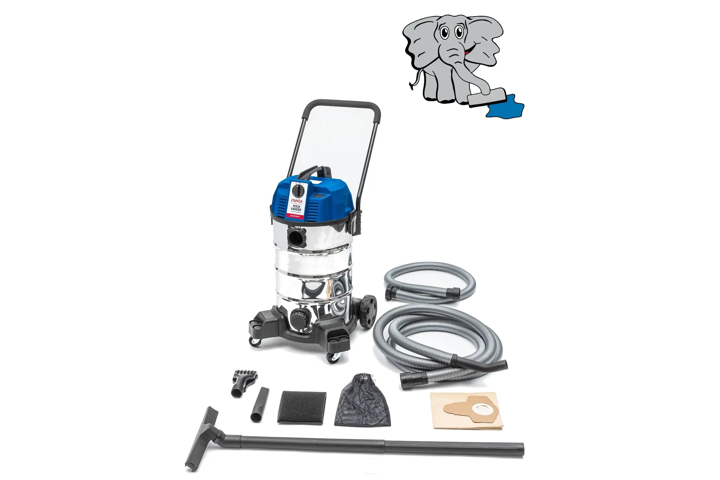Nass- und Trockensauger mit verchromtem Edelstahlbehälter, blauem Motoraufsatz, Fahrgestell, zwei flexiblen Schläuchen, Bodendüse, Fugendüse, Bürste, Filtermatte und Staubbeutel