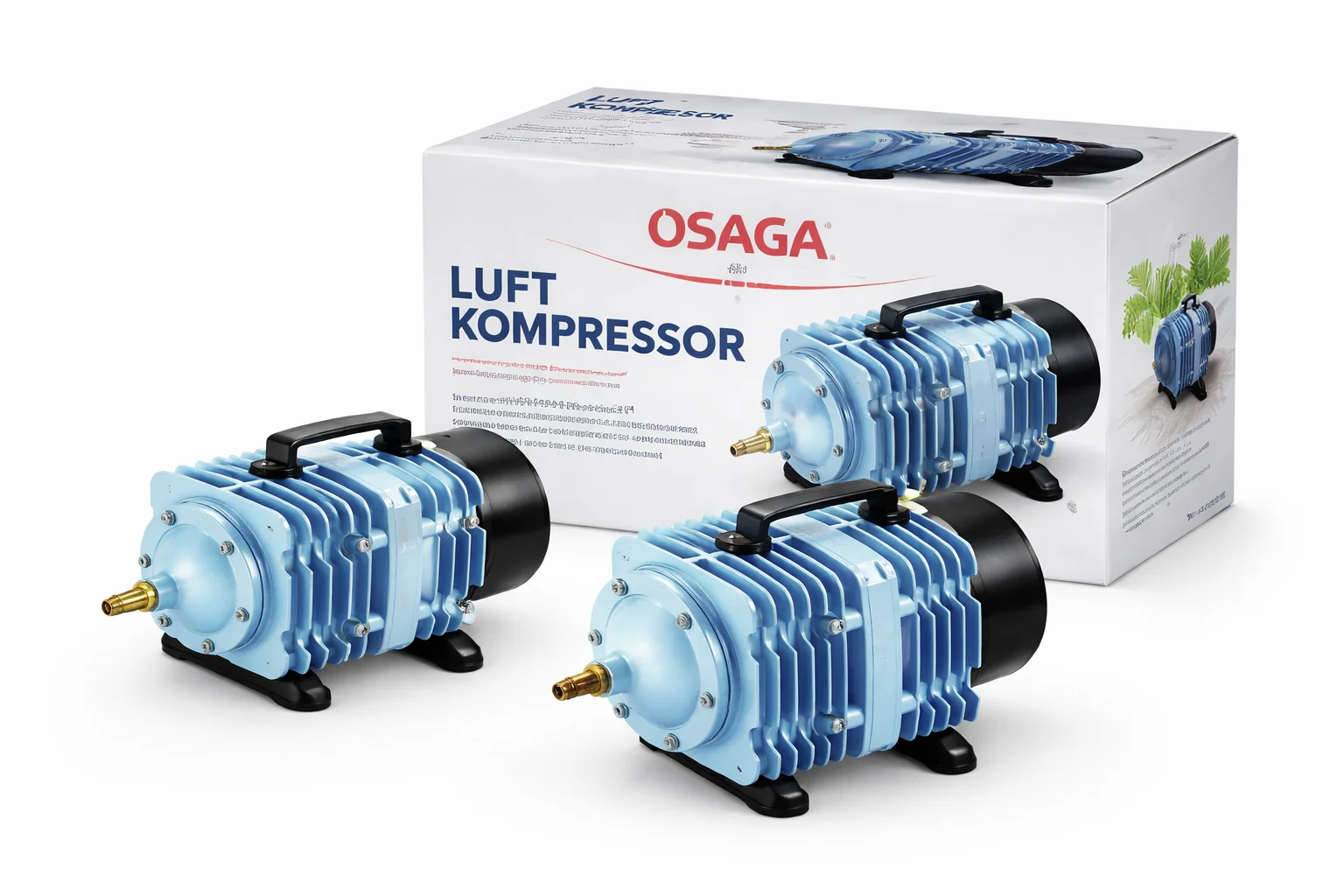 Drei blaue Osaga Luftkompressoren mit Tragegriff vor Originalverpackung mit Aufschrift 'Luft Kompressor' - kompaktes, stoßfestes Gehäuse und Messinganschluss, ideal für Aquaristik und Teichtechnik