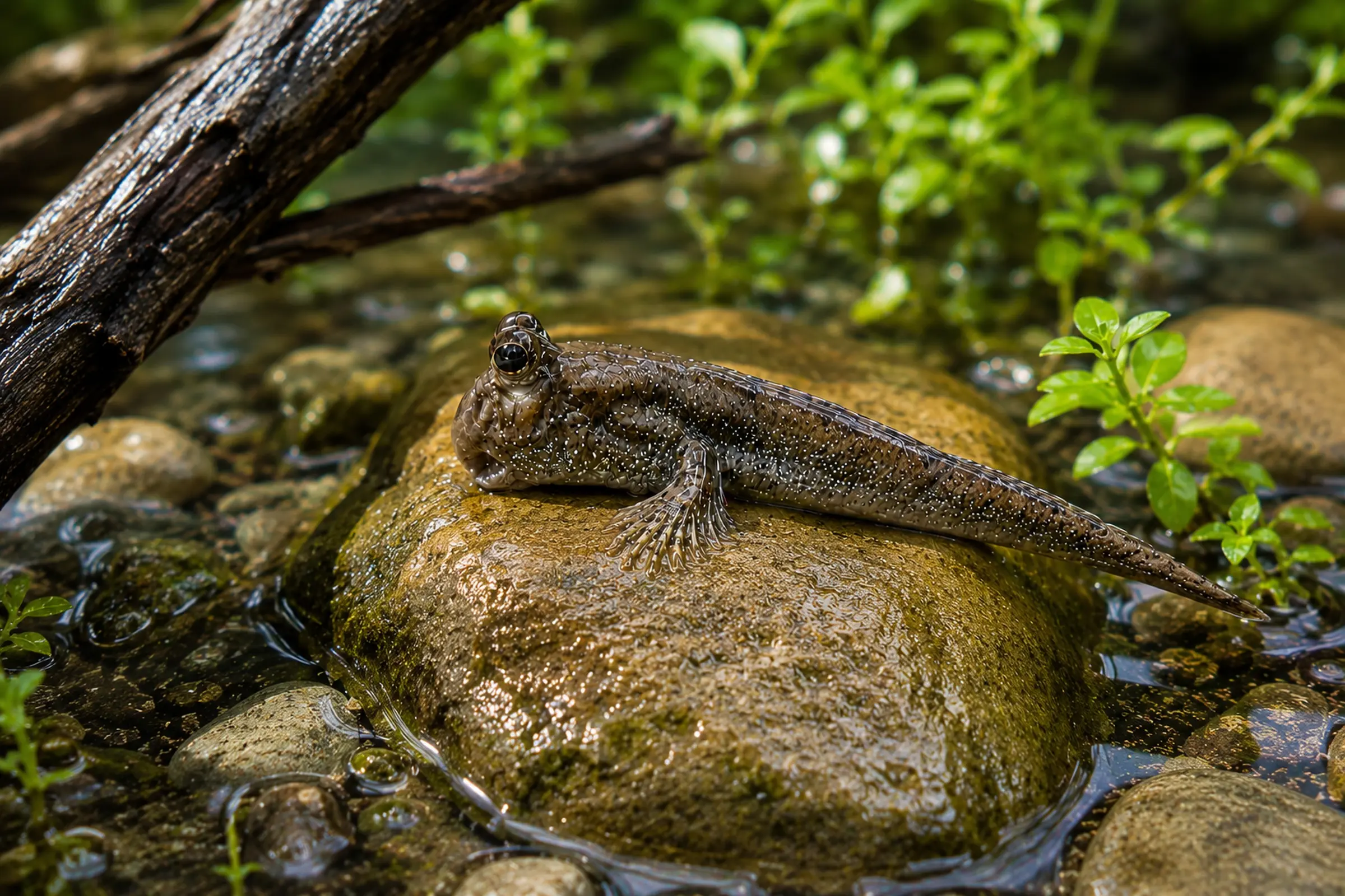 Neuguinea-Zwergschlammspringer (Periophthalmus novaeguineaensis) sitzt auf einem nassen Felsen im flachen Wasser zwischen Pflanzen – exotischer, pflegeleichter Zierfisch für Art-Aquarien