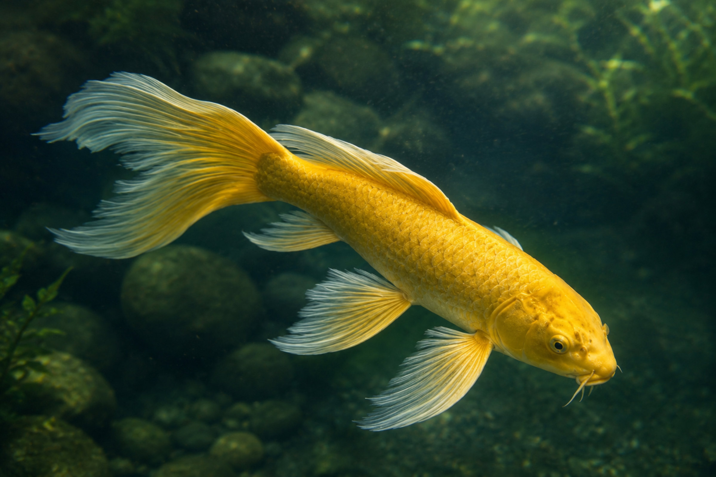 Limonefarbener Butterfly Koi (Cyprinus carpio), 12-14 cm, deutliche langen Langflossen (Hirenaga), leuchtendes Zitronengelb und freundliche Teichwirkung – ideal für gepflegte Koi-Anlagen mit klarer Sicht