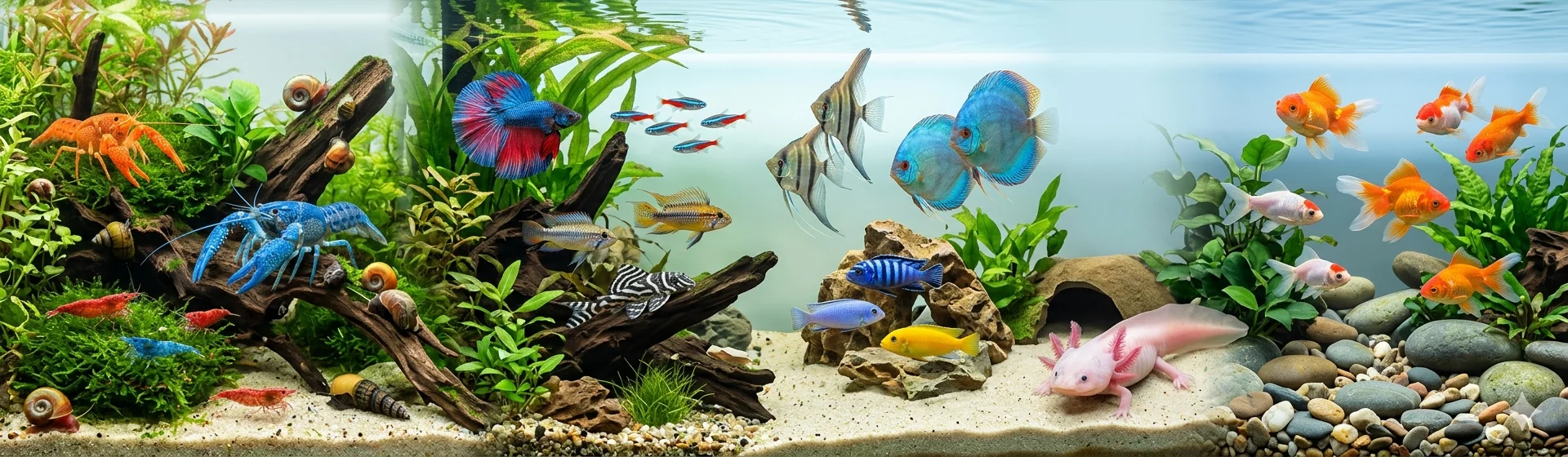 Panorama eines bepflanzten Süßwasser-Aquariums mit bunten Fischen (Diskus, Kampffisch, Neons), Zwergbuntbarschen, gelbem und blauem Buntbarsch, mehreren Garnelen und blauen Flusskrebsen, zahlreichen Schnecken, Treibholz, Felsen und einem rosa Axolotl auf