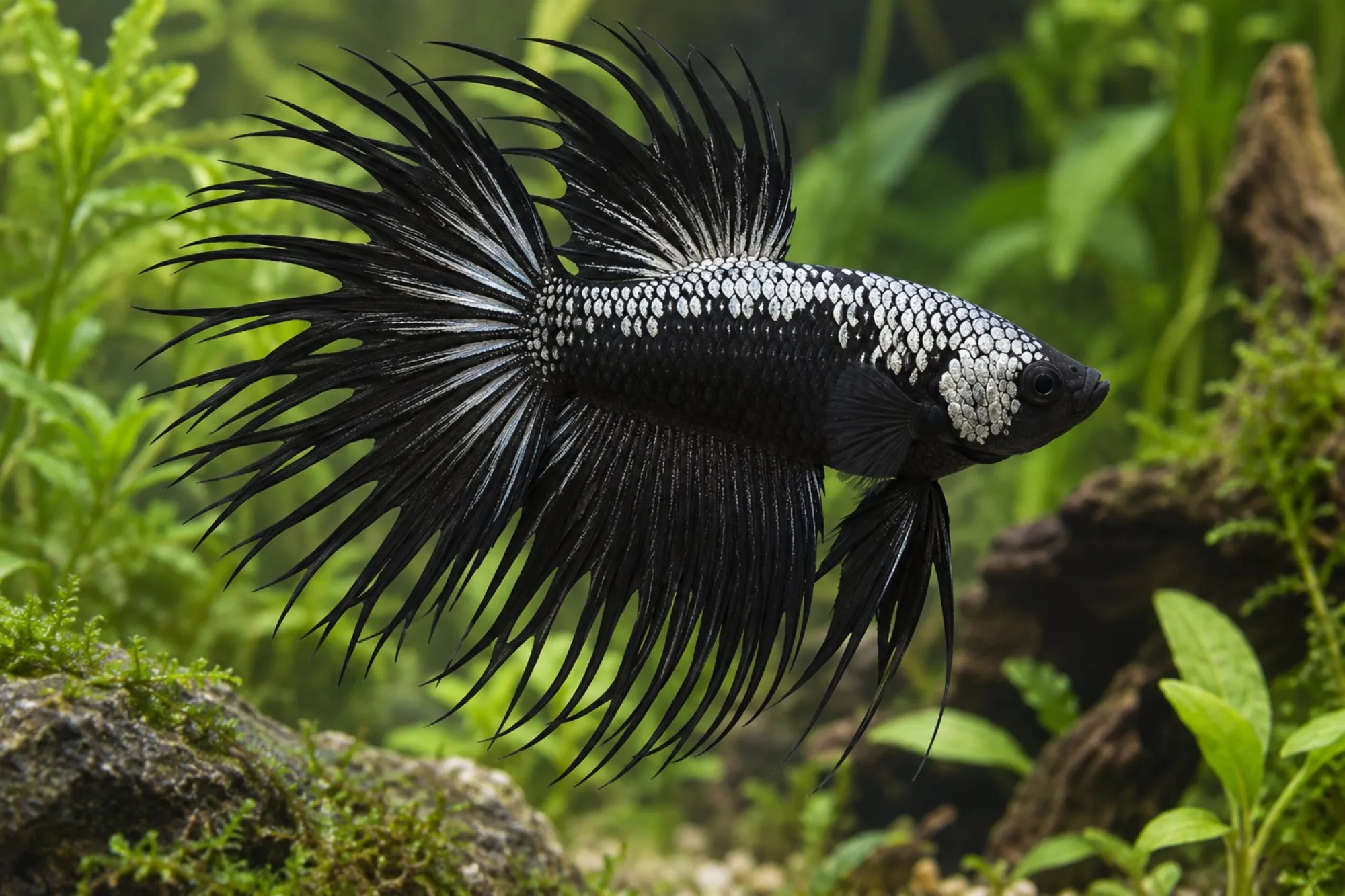 Crowntail-Kampffisch „Dragon Black“, Männchen, Betta splendens